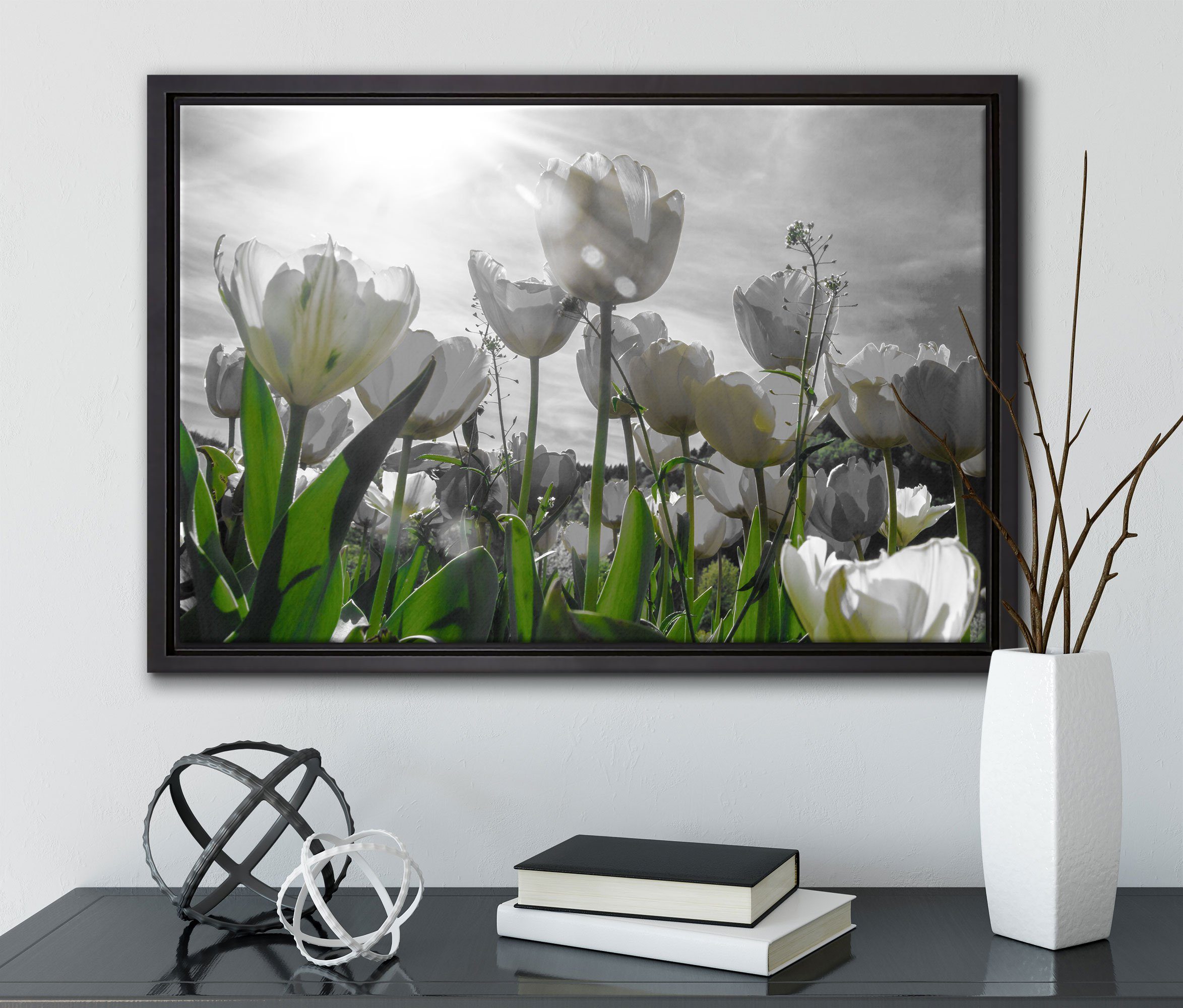Pixxprint Leinwandbild wunderschöne Tulpenwiese, Wanddekoration einem fertig Zackenaufhänger gefasst, Schattenfugen-Bilderrahmen Leinwandbild in inkl. bespannt, (1 St)