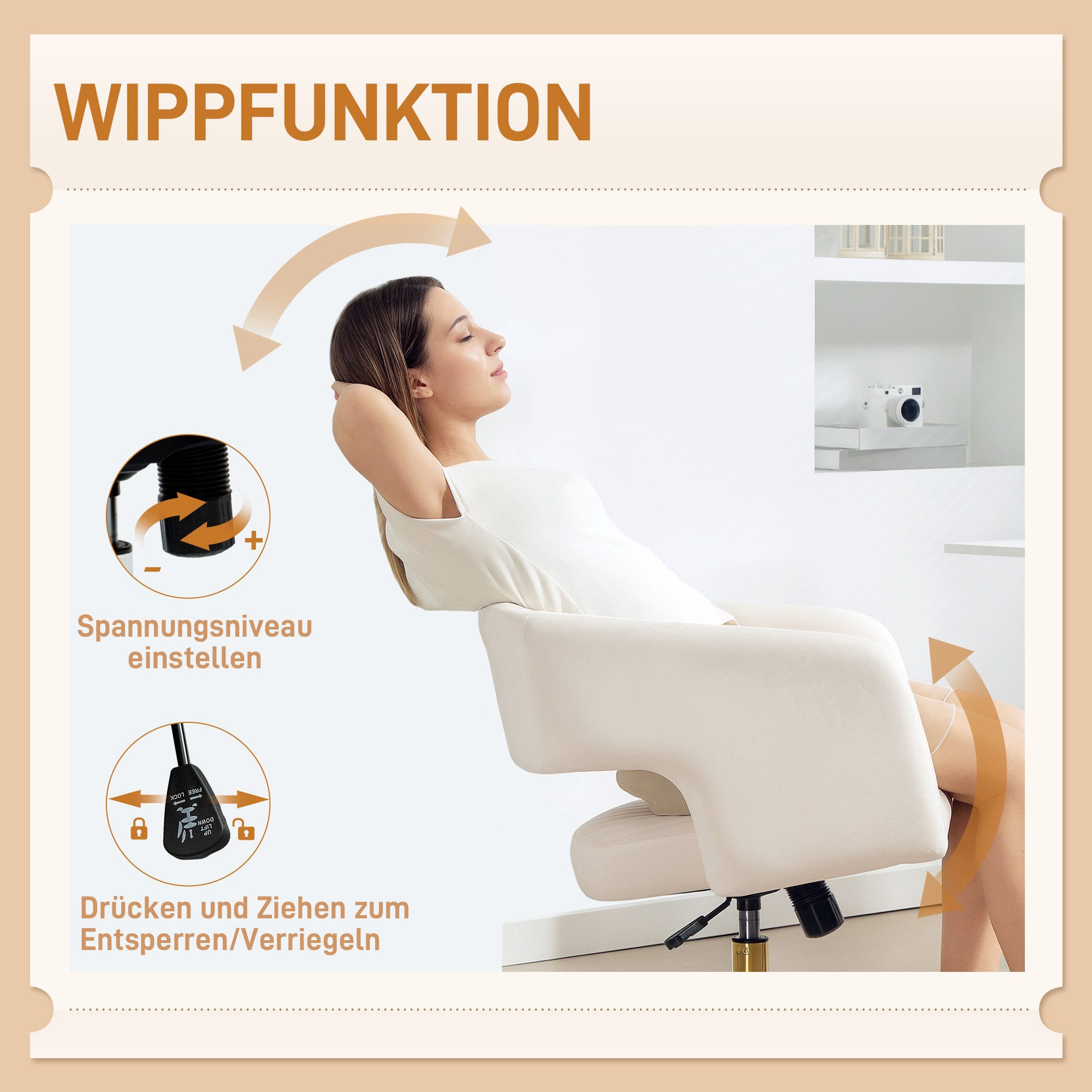 HOMCOM Bürostuhl höhenverstellbar, mit Wippfunktion (Computerstuhl, 1 St), für Wohnzimmer, Büro, Cremeweiß – Bild 5 von 5