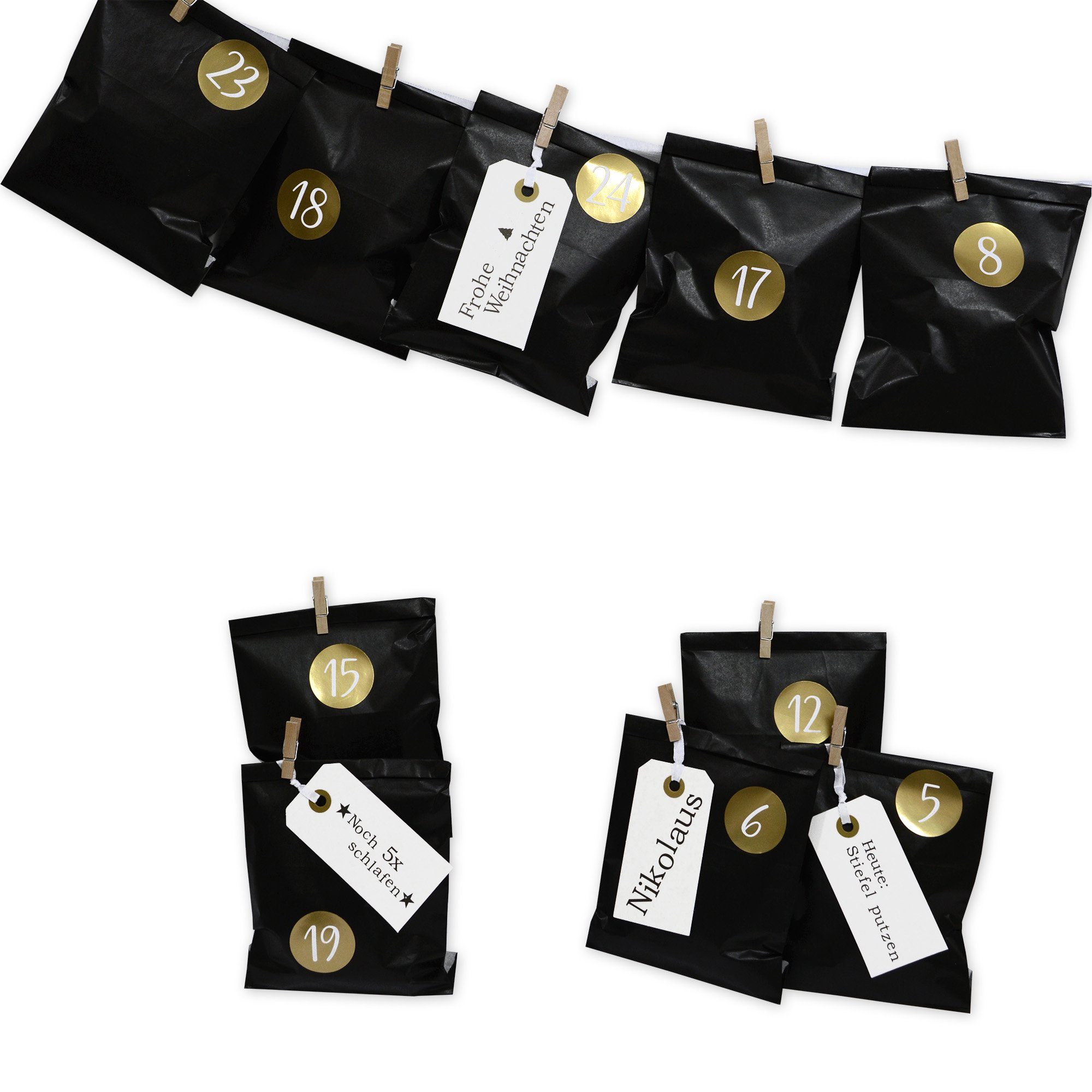 Frau WUNDERVoll Kalender zum Selbstbasteln DIY Adventskalender zum Befüllen Bescherung, schwarze Papiertüten