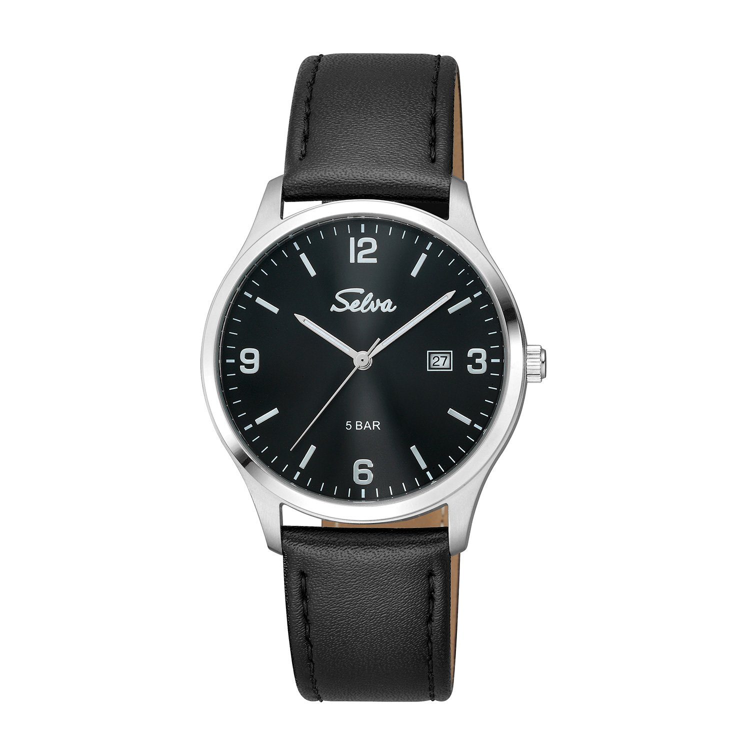 Selva Technik Quarzuhr SELVA Quarz-Armbanduhr mit Lederband Zifferblatt schwarz Ø 39mm