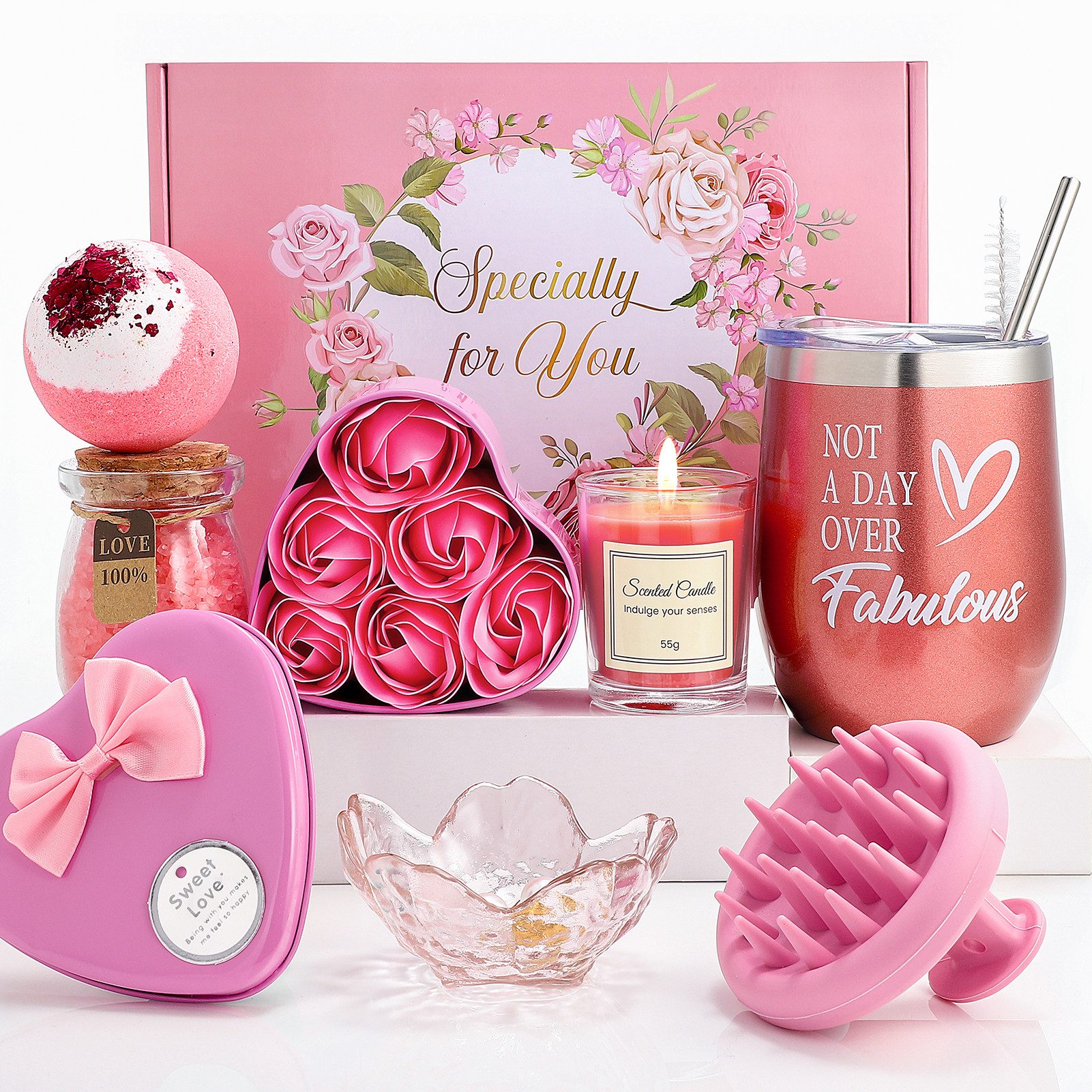 Wootoy Geschenkbox Geschenkset Geburtstagsgeschenke Pflege-Geschenkbox mit Sonnenmotiv (mit Duftkerze Badeprodukten Schmuckschale Isolierbecher, 10 St., 360-ml-Edelstahl-Isolierbecher mit Strohhalm und Reinigungsbürste), Geschenk für Geburtstag Muttertag Valentinstag Jahrestag