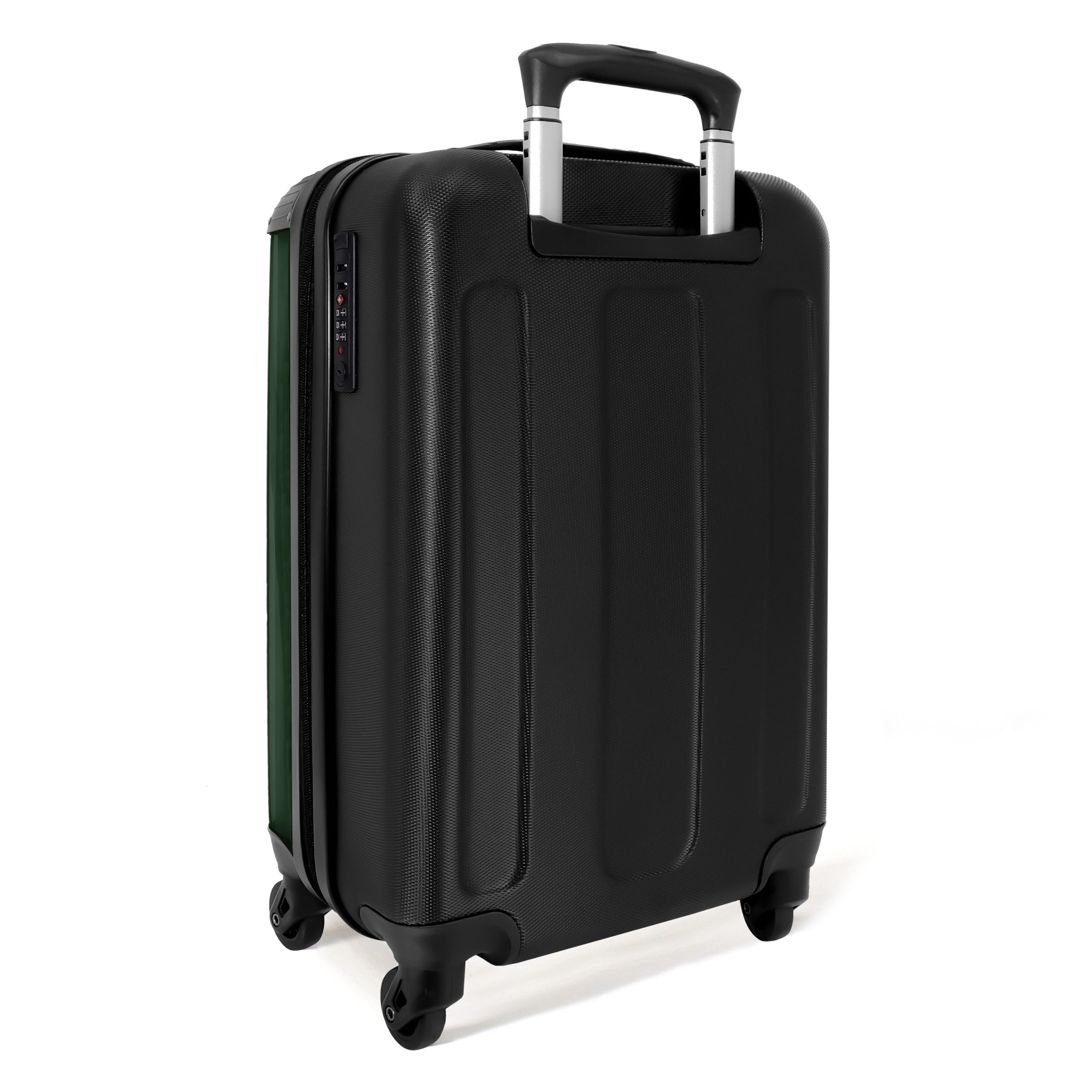 NoBoringSuitcases.com© Hartschalen-Trolley Dunkelgrüner Hintergrund mit doppelten weißen Seitenstreifen auf der l, 4 Rollen, Reisetasche mit Rollen, Koffer Handgepäck Flugzeug