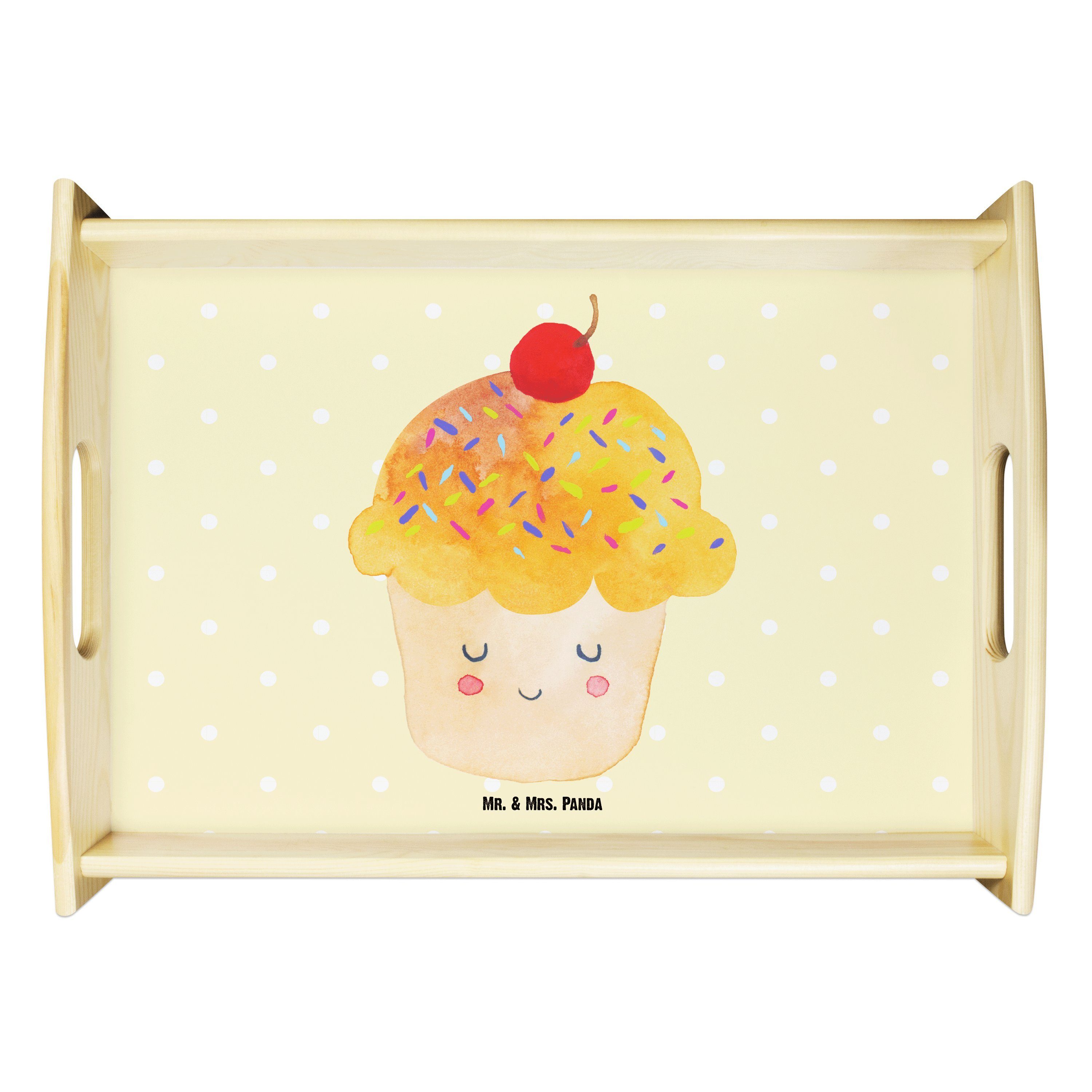 Mr. & Mrs. Panda Tablett Cupcake - Gelb Pastell - Geschenk, Cupcakes, Motivation Sprüche, lust, Echtholz lasiert, (1-tlg)