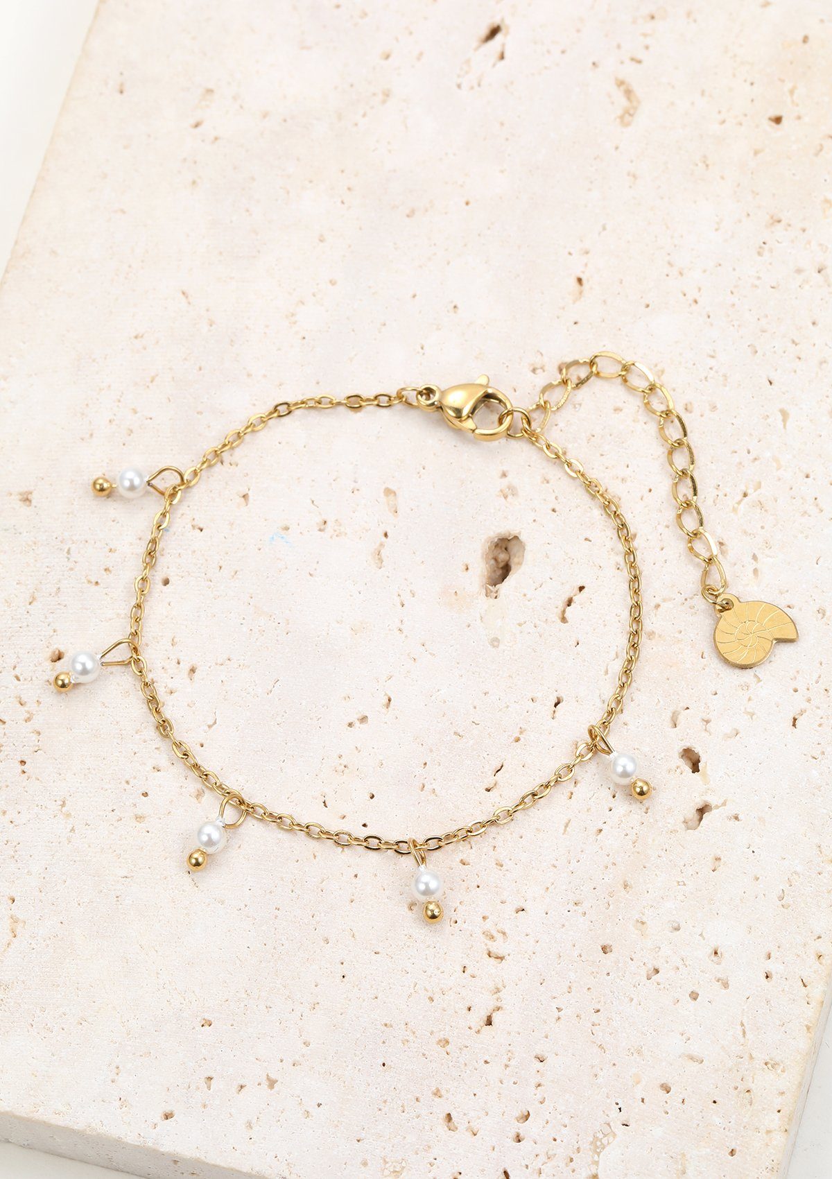 Hey Happiness Perlenarmband Damen Edelstahl, Armkette Perlen 18K Gold Roségold, Edelstahl Kettchen Perle weiß hängend, wasserfest