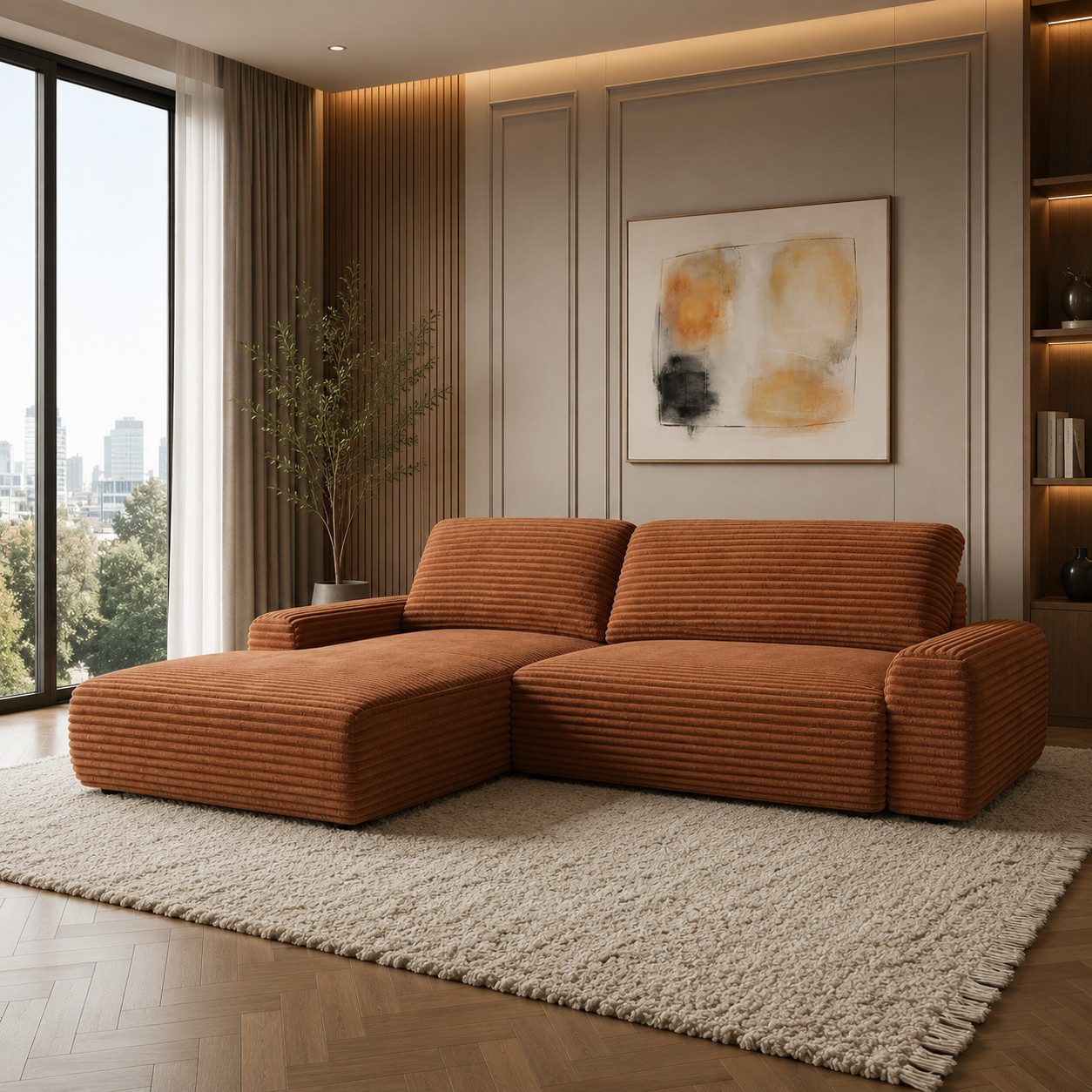 Goldstoff Ecksofa mit Schlaffunktion und Bettkasten, Cord Sofa - Modernes Schlafsofa, L-Form Schlafsofa mit Schlaffunktion und Bettkasten, moderner Cordstoff 2 Teile, pflegeleichtes Cordsofa mit Schlaffunktion in ziegelrot