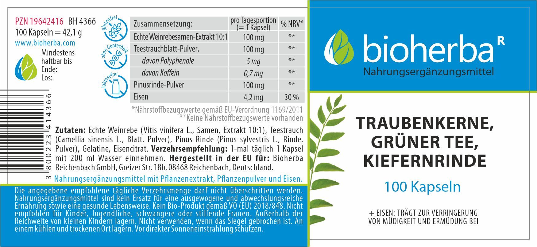 BIOHERBA R Bioherba Traubenkerne, Grüner Tee, Kiefernrinde 100 Kapseln Nahrungsergänzungsmittel, 1 er