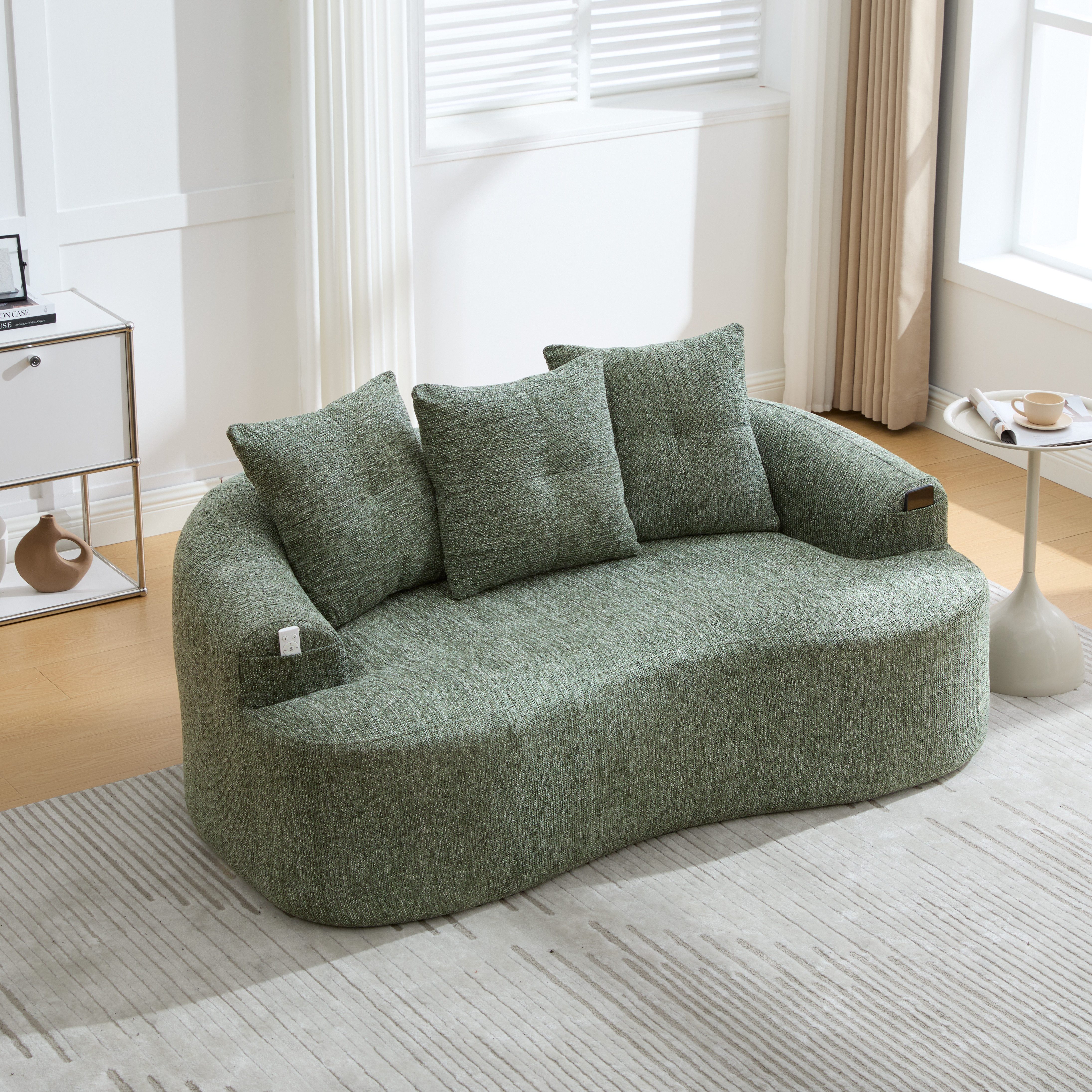 HAUSS SPOLE Loungesofa aus Chenille,Zweisitzer Loungesofa Chaiselongue 3 Zierkissen,Grün, Geschwungenes Relaxsofa mit Chenille-Wolkenmuster ohne Federkern, einfach auspacken und aufstellen