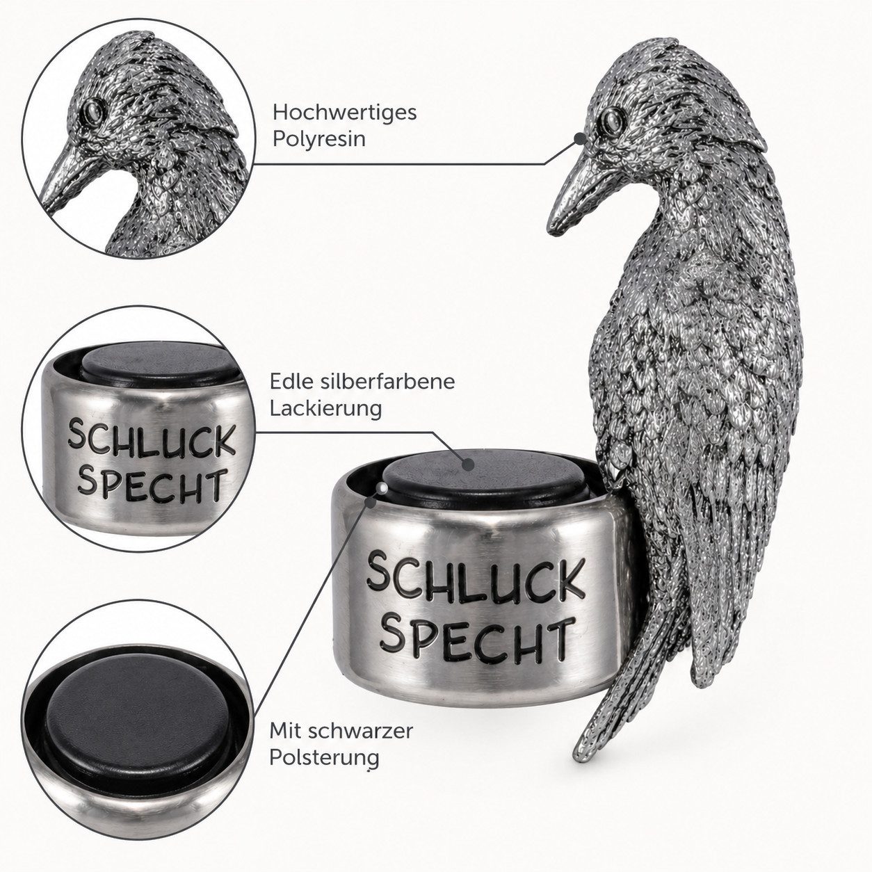 Gehlmann Flaschenverschluss Flaschenring Specht Silber - Schluckspecht