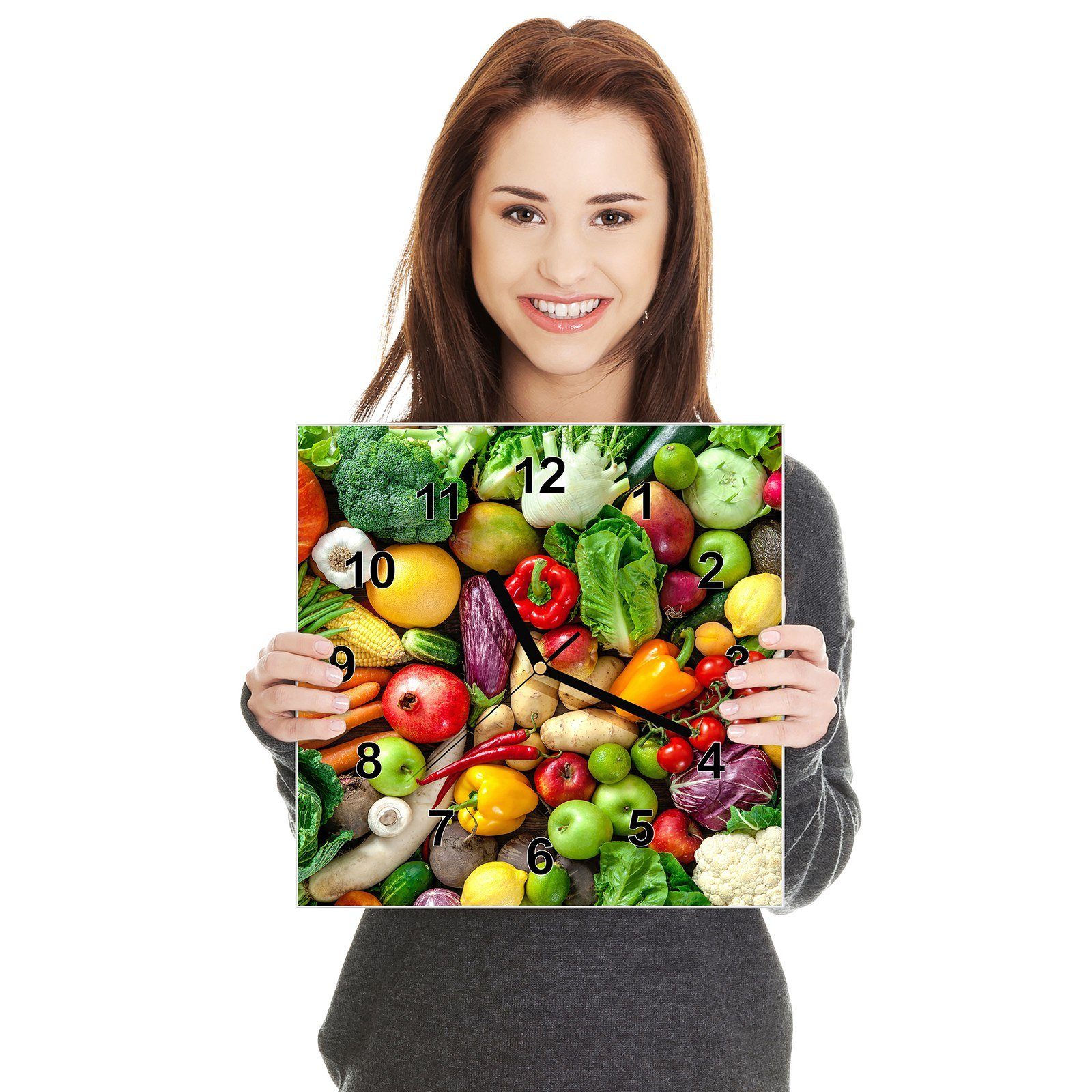 Primedeco Wanduhr Glasuhr Wanduhr Motiv 30 x 30 cm und Größe Obst Wandkunst Gemüse mit