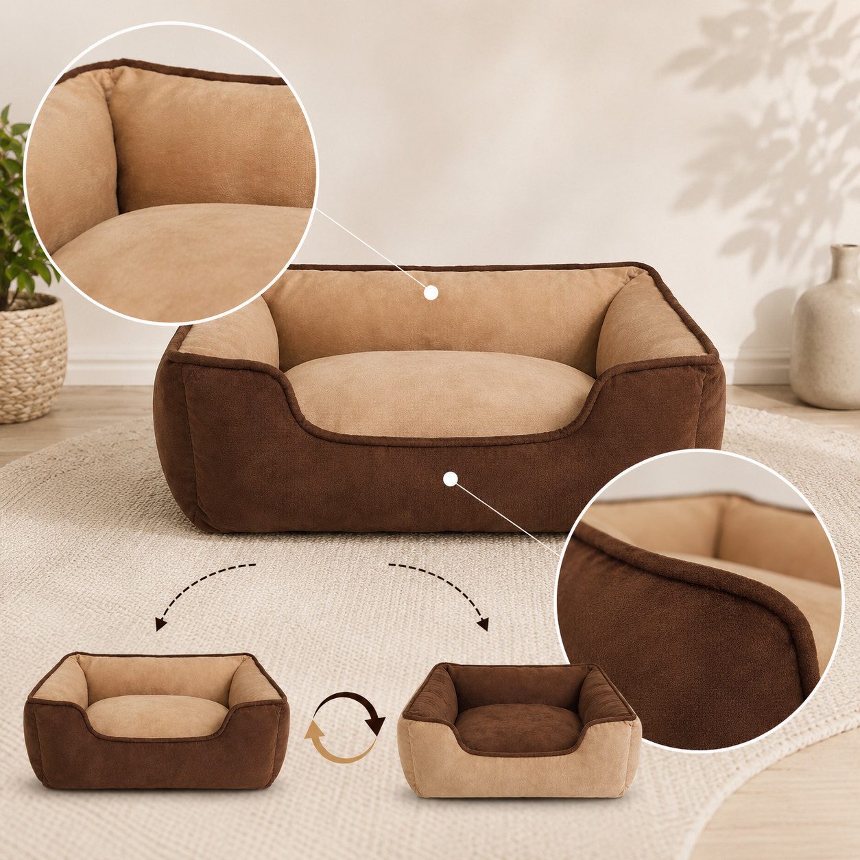 belviona Tierkissen für Katzen, Katzenbett Wildlederimitat, 60x50 cm, braun/beige, Wildlederimitat, Katzenkörbchen wendbar, mit 2-in-1 Funktion