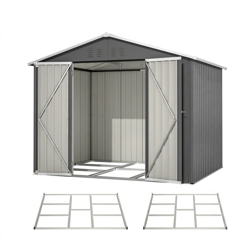 L&K Gerätehaus Metall-Gerätehaus Anthrazit 8x6 FT für Gartenwerkzeuge & Fahrräder
