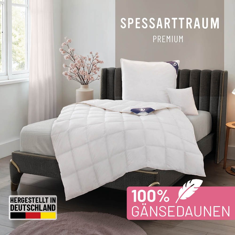 SPESSARTTRAUM Gänsedaunenbettdecke Premium****, hergestellt in Deutschland, Bettdecken für Sommer, Winter, Füllung: 100% Gänsedaunen, Klasse 1, Downpass zertifiziert, Bezug: 100% Baumwolle, Made in Green, Hausstauballergiker geeignet, 4 Wärmeklassen & 5 Größen, Bestseller