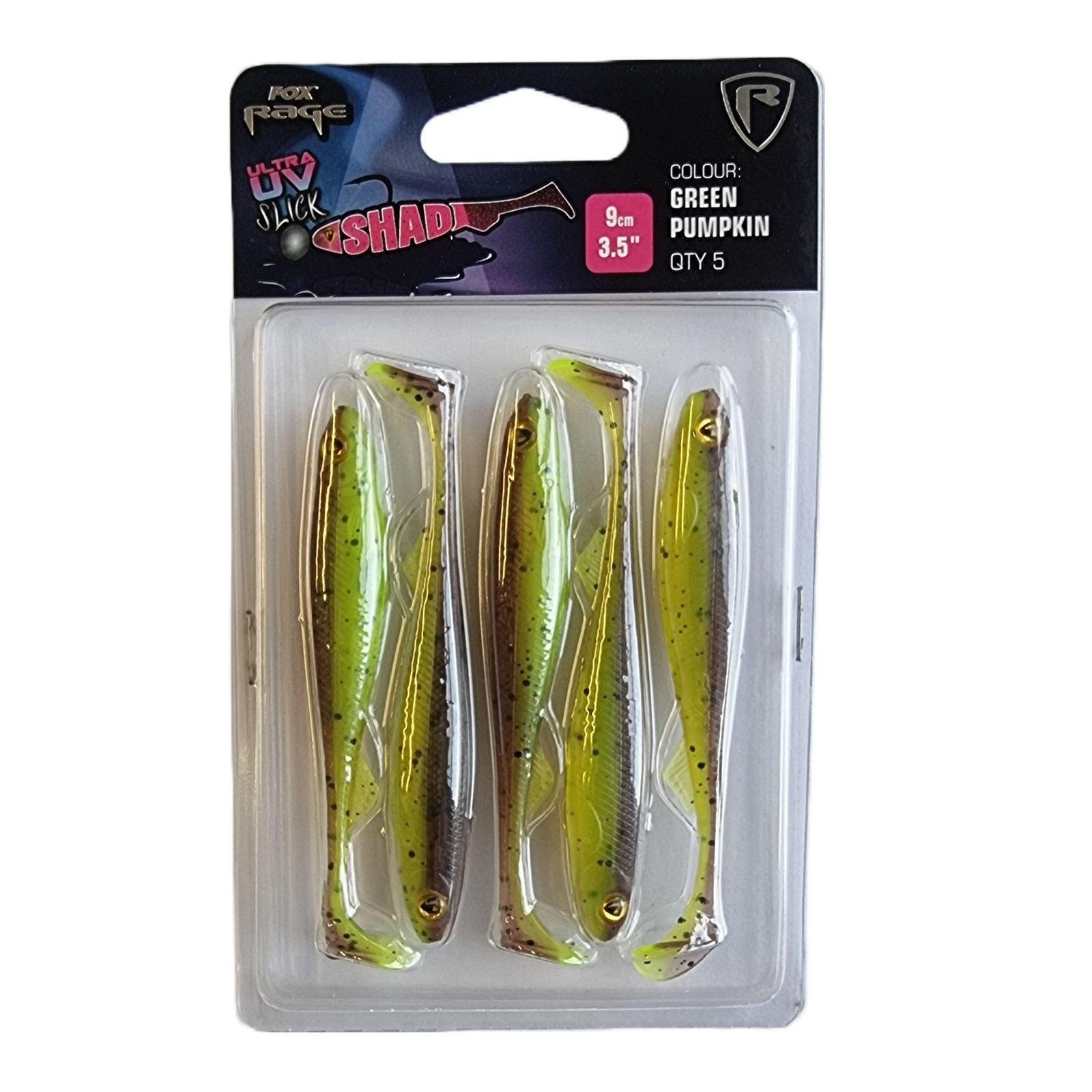 Fox Rage Ultra Gummifisch Shad pumpkin 9cm Kunstköder, uv x Fox 5 Slick green Rage 3.5 UV