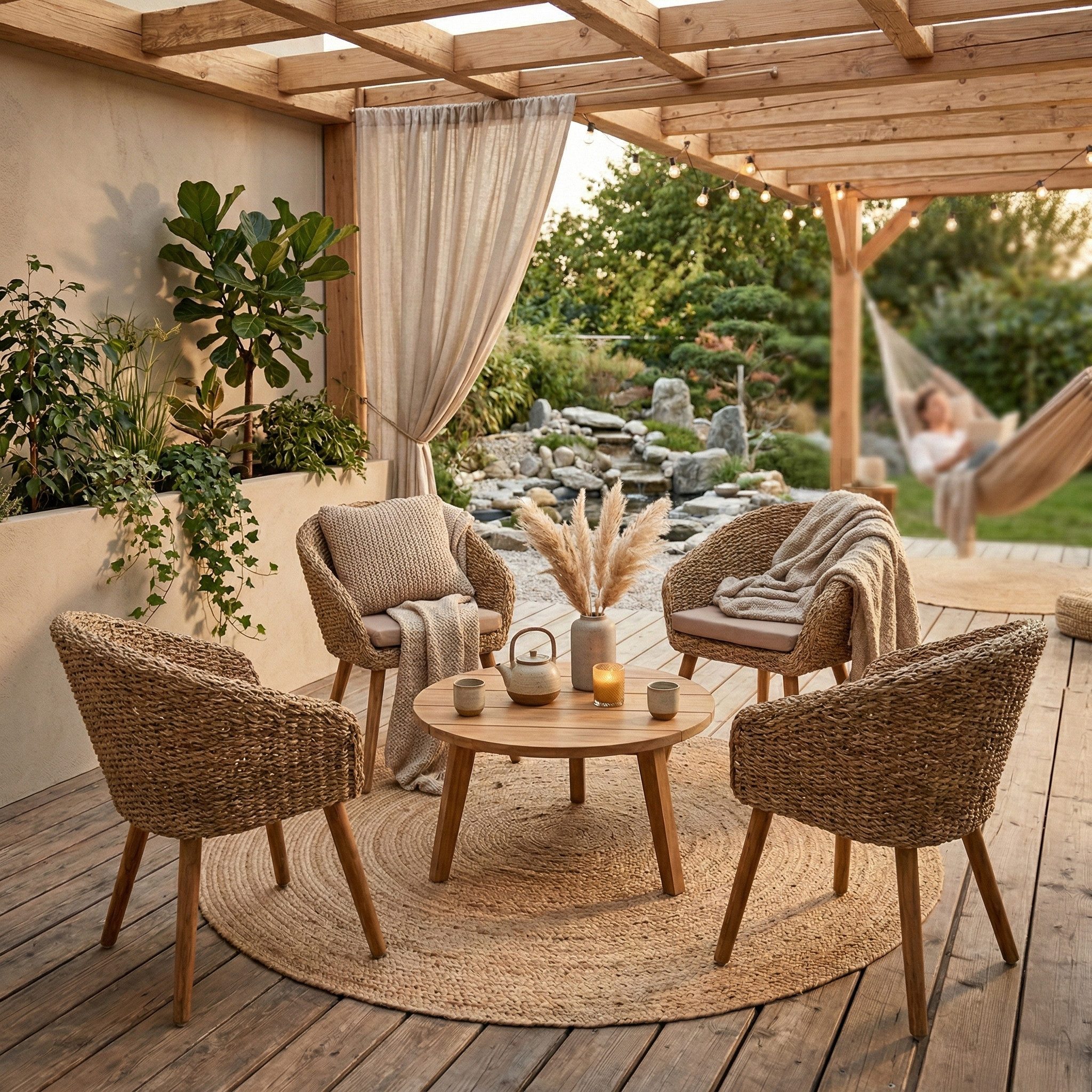 acamp Gartensessel mediterranes 4er Set Gartenstuhl Atacama für Terrasse & Balkon (bequeme Polsterung, inkl. 4 Sitzkissen), FlexMesh Geflecht, Akazienholz, natur