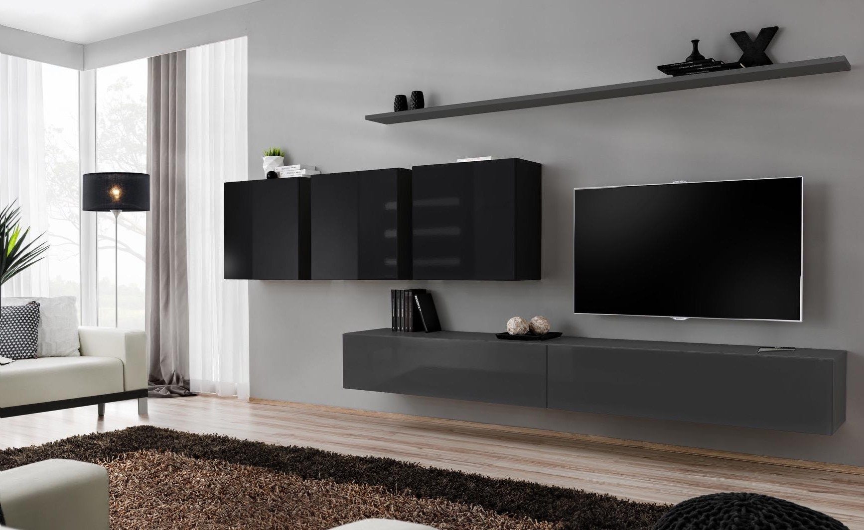 Xlmoebel Wohnwand Grau Komplett 7tlg Designer Holzmöbel Sideboard Wandschrank Regal, Made in Europa