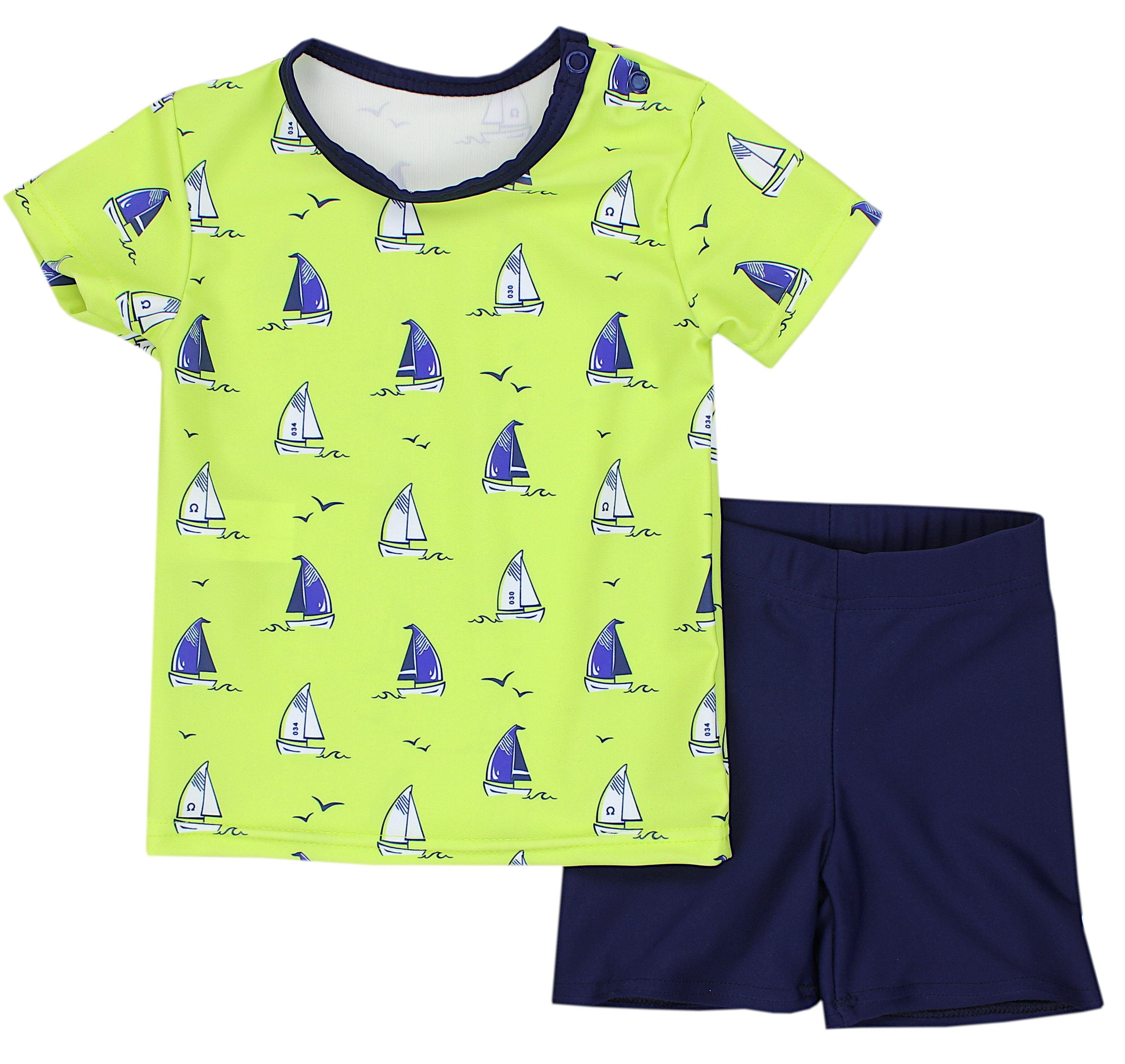 Aquarti Badeanzug Baby Jungen Zweiteiliger Kinder Badeanzug T-Shirt Badehose UV-Schutz Segelboot Hellgrün / Dunkelblau