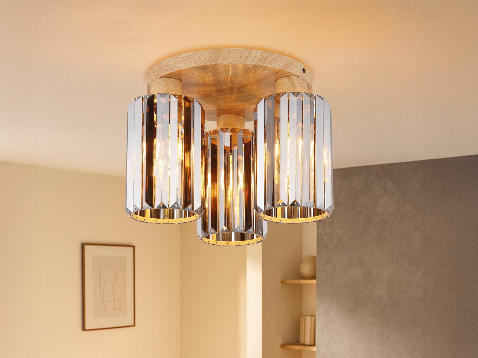 NOWA LED Deckenleuchte 3 Schirme mit Rauchglas Kristall Ø 35cm, Dimmfunktion, LED wechselbar, Warmweiß, ausgefallene Deckenleuchte 3-flammig, Baldachin Metall in Holzoptik