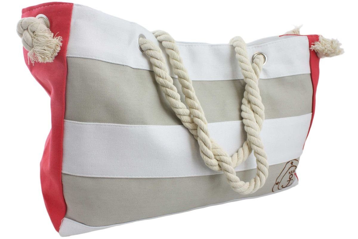 Sonia Originelli Umhängetasche Seilkordeln, sand Shopper kleine Reißverschluss Innentasche XL mit Blockstreifen Ankerlogo Strandtasche