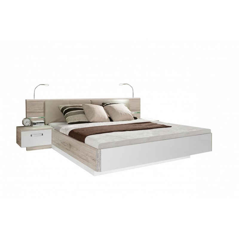 Forte Möbel Bettgestell Bettanlage Rondino Doppelbett Bett ohne Fussbank Sandeiche Nb. / Hochglanz Weiß 180x200