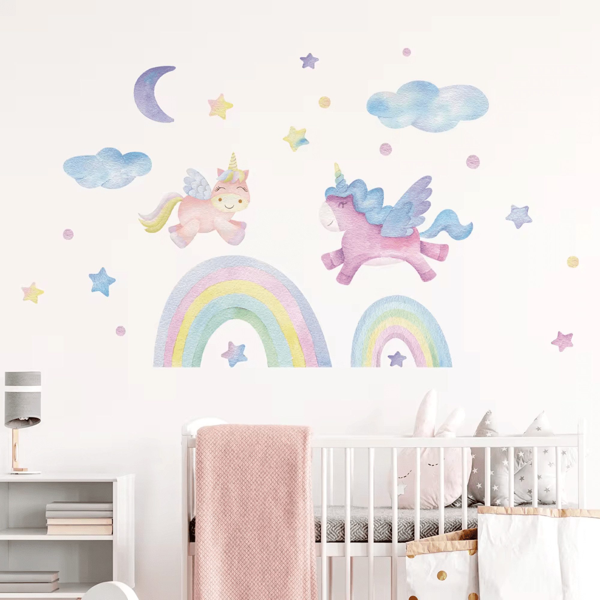 Montegoni Wandtattoo Cartoon Einhorn Regenbogen Wandaufkleber (Wolken,Mond, günstig online kaufen