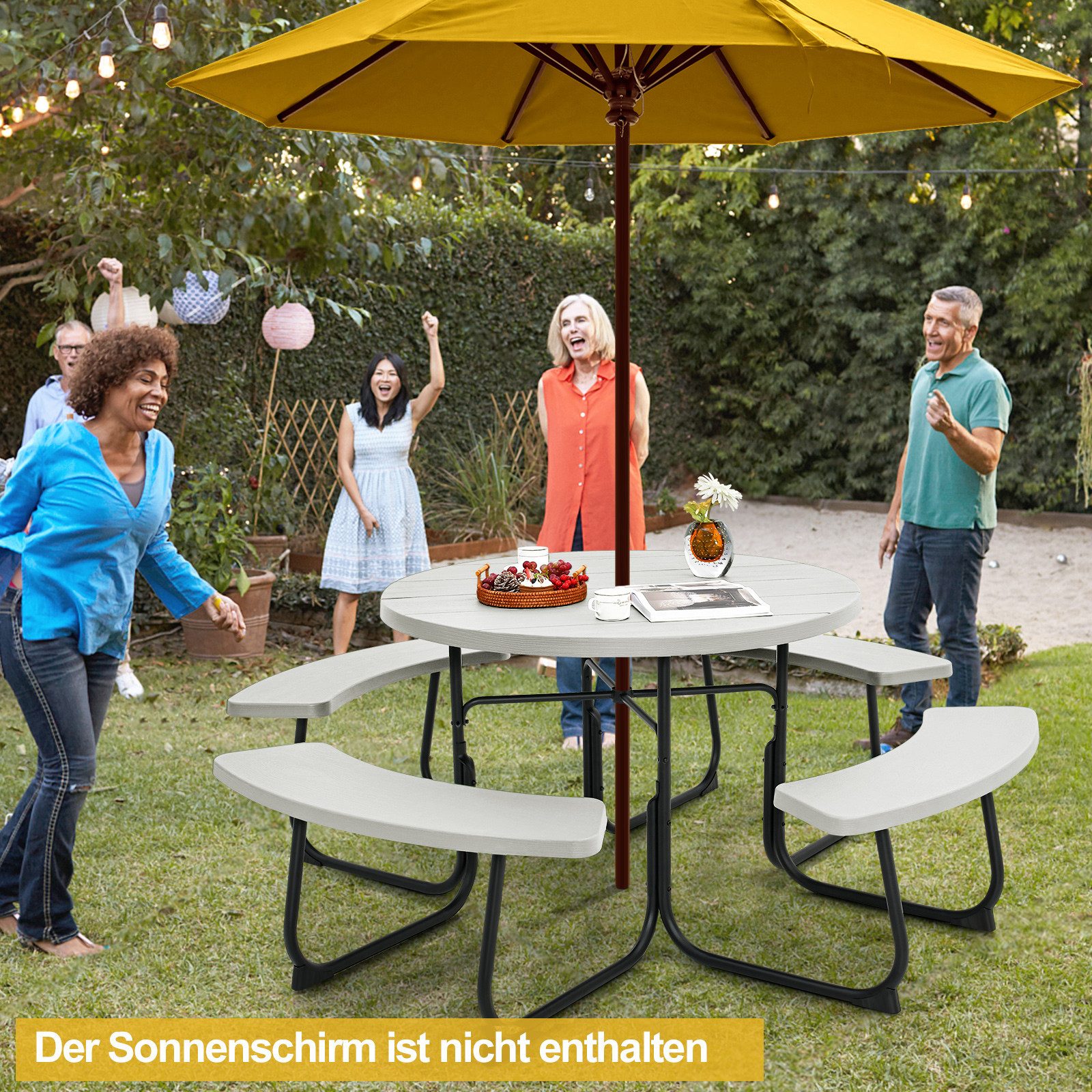 COSTWAY Gartentisch, Sitzgarnitur, Picknicktisch mit Schirmloch HDPE