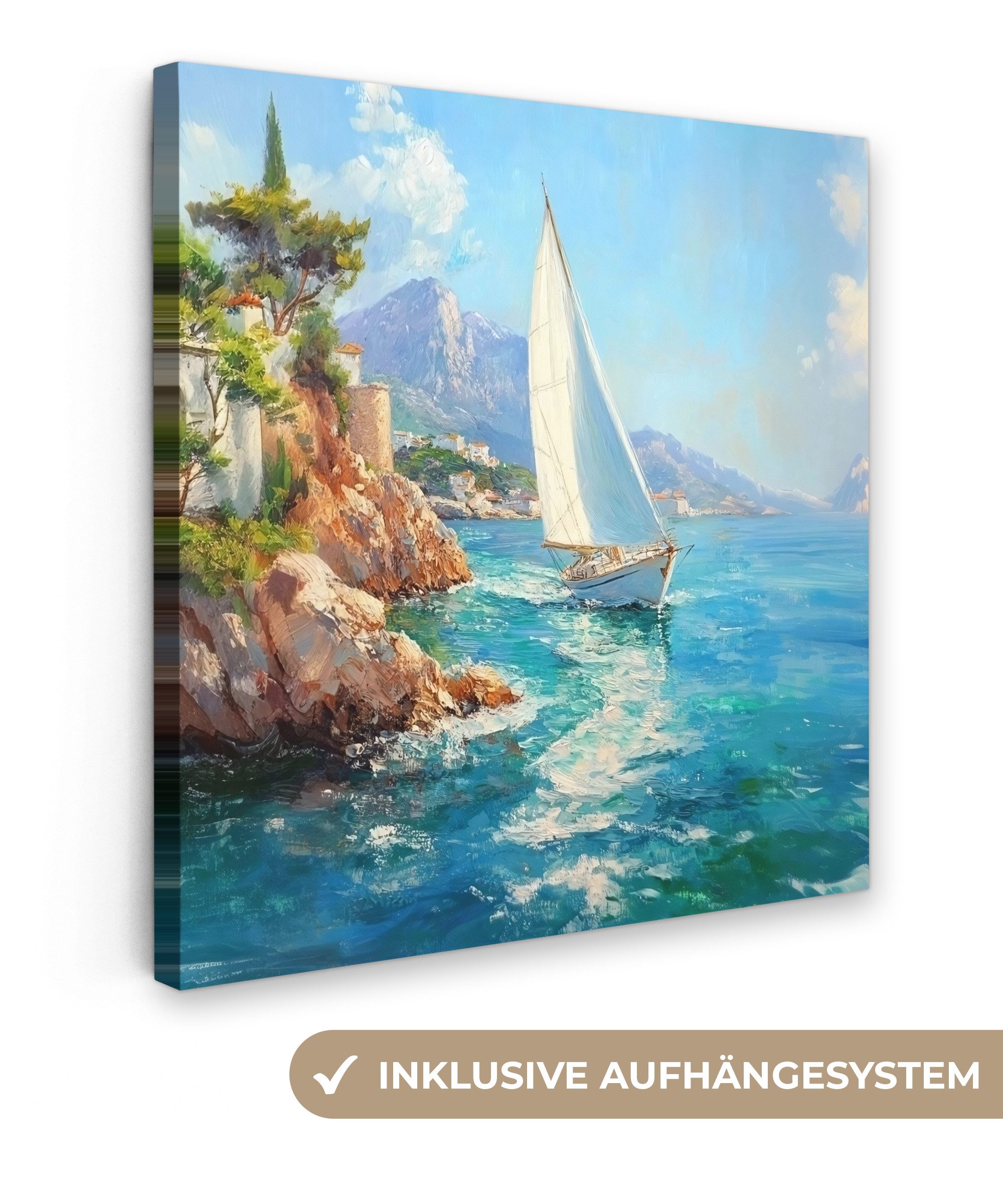 OneMillionCanvasses® Leinwandbild Segelboot - Felsen - Küste - Häuser, Fotodruck (1 St), Wandbild, Deko Schlafzimmer Wohnzimmer Flur 20x20 cm