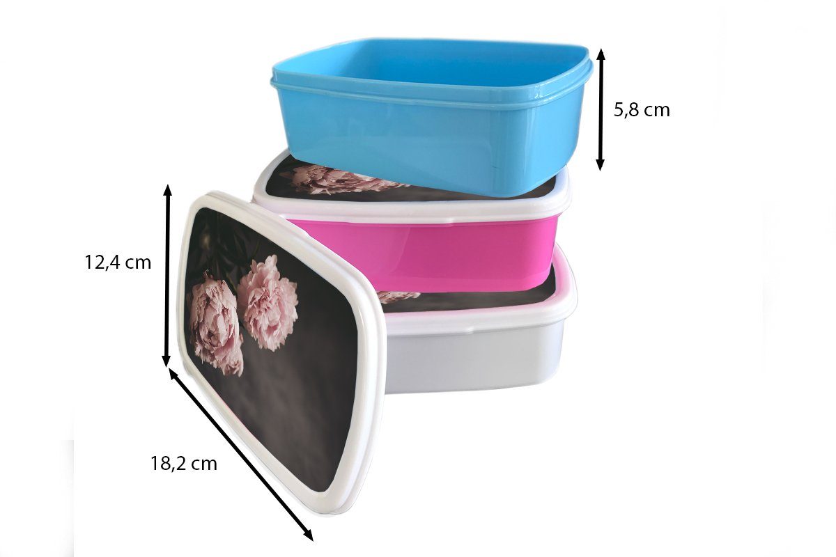 MuchoWow Lunchbox Zwei rosa Kunststoff, für Brotbox Kinder und (2-tlg), und Erwachsene, für weiß Pfingstrosen, Brotdose, Mädchen Jungs