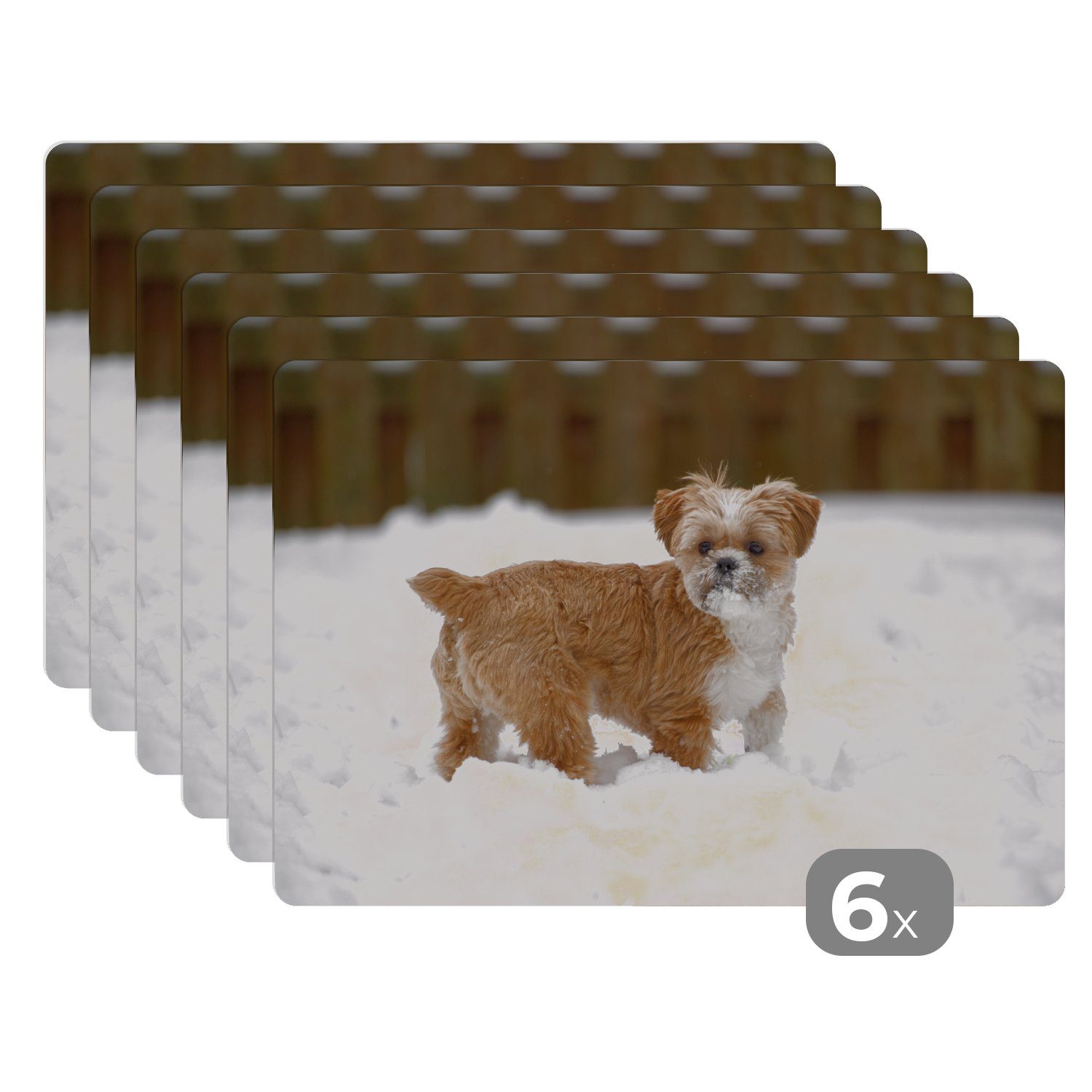 Platzset, Shih Tzu Hund spielt im Schnee, MuchoWow, (6-St), Platzset, Platzdecken, Platzmatte, Tischmatten, Schmutzabweisend