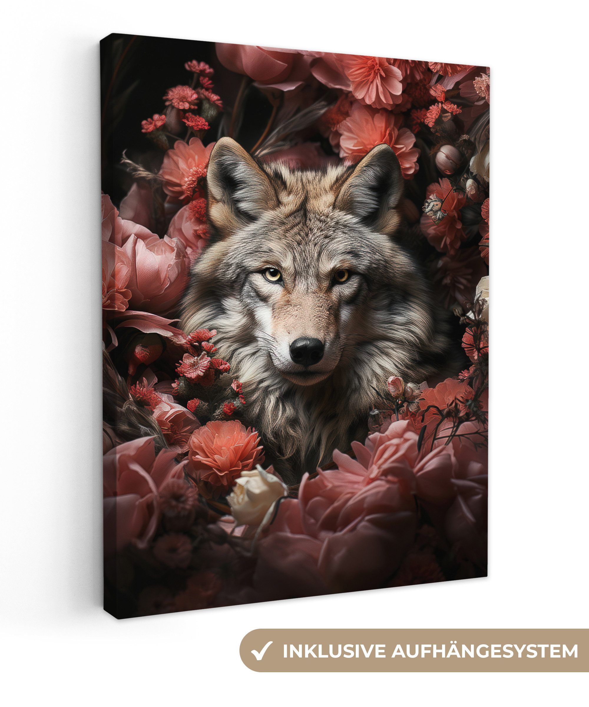 OneMillionCanvasses® Leinwandbild Wolf - Tier - Floral - Botanisch - Natur - Fantasie, (1 St), Leinwand Bilder für Wohnzimmer Schlafzimmer 30x40 cm