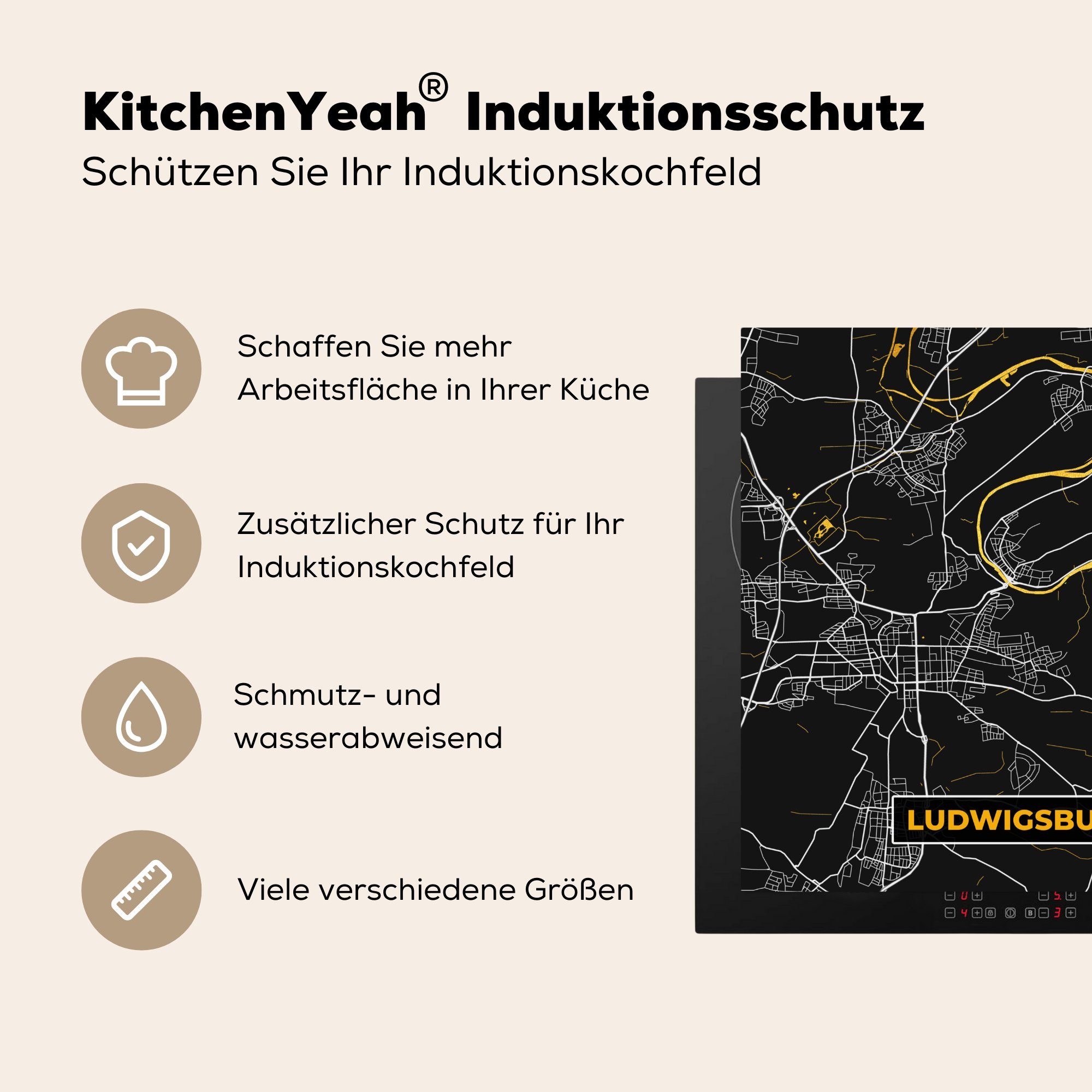 MuchoWow - 78x78 cm, Gold Arbeitsplatte Ludwigsburg küche Deutschland, Ceranfeldabdeckung, - Stadtplan tlg), (1 Karte - - Herdblende-/Abdeckplatte für Vinyl,