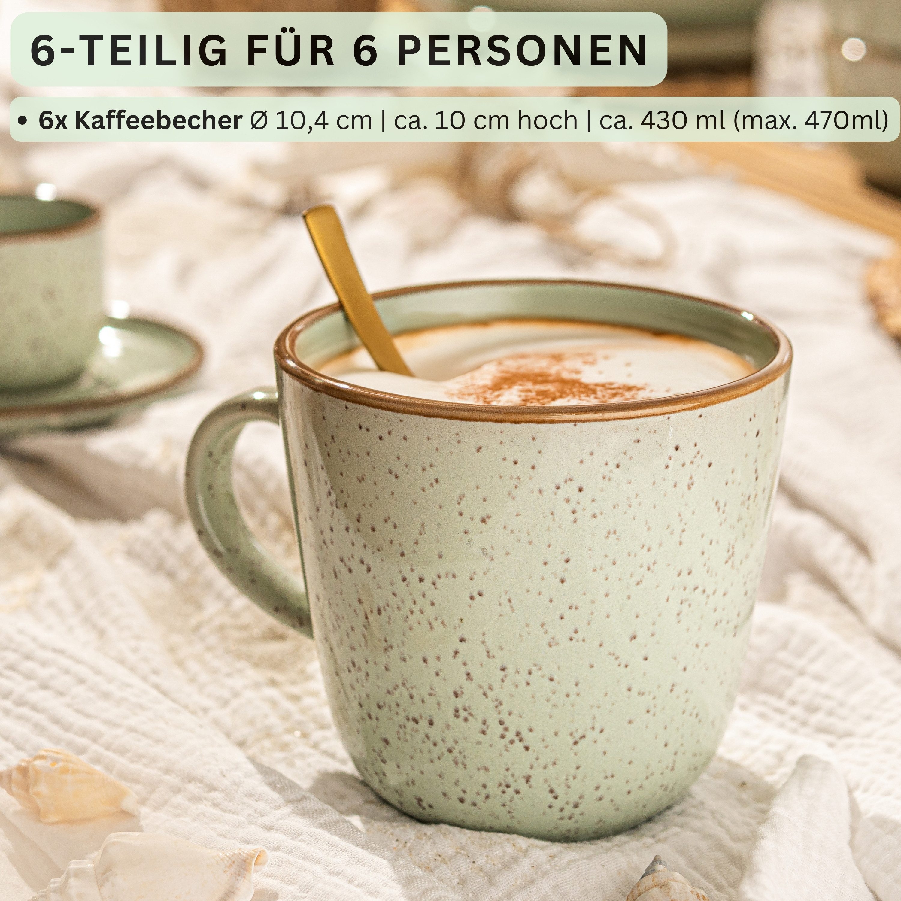 SÄNGER Becher Set Rio, 6-tlg., Steingut, 6 tlg. Rio Minze Kaffeebecher, Beige, Handmade, VALUE COLLECTION