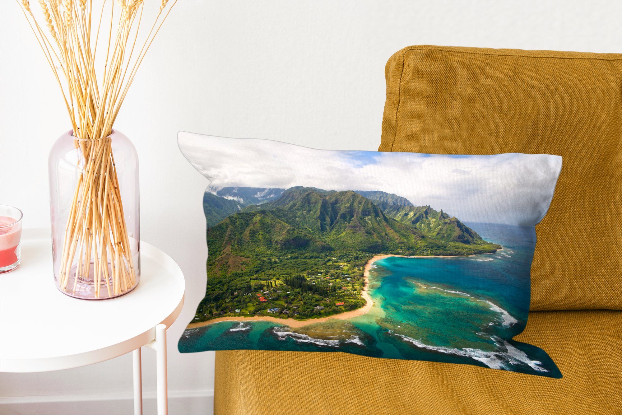 MuchoWow Zierkissen, Luftbild Nordküste Dekokissen von mit Dekoration, Hawaii, Wohzimmer auf der Dekokissen Füllung, Kauai Ein Schlafzimmer