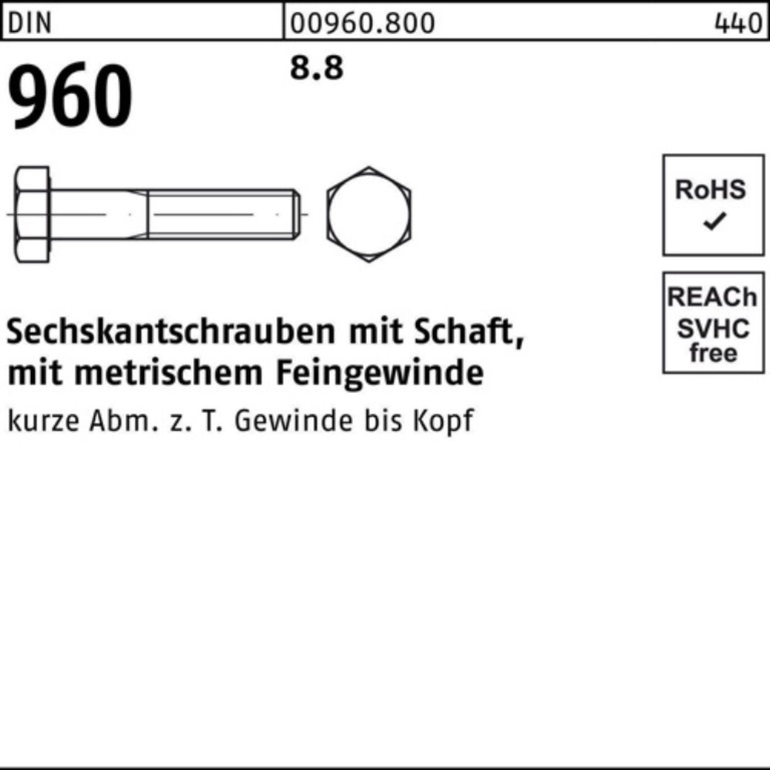 Reyher Sechskantschraube 100er Pack Sechskantschraube DIN 960 Schaft M12x1,25x 90 8.8 50 Stück | Schrauben