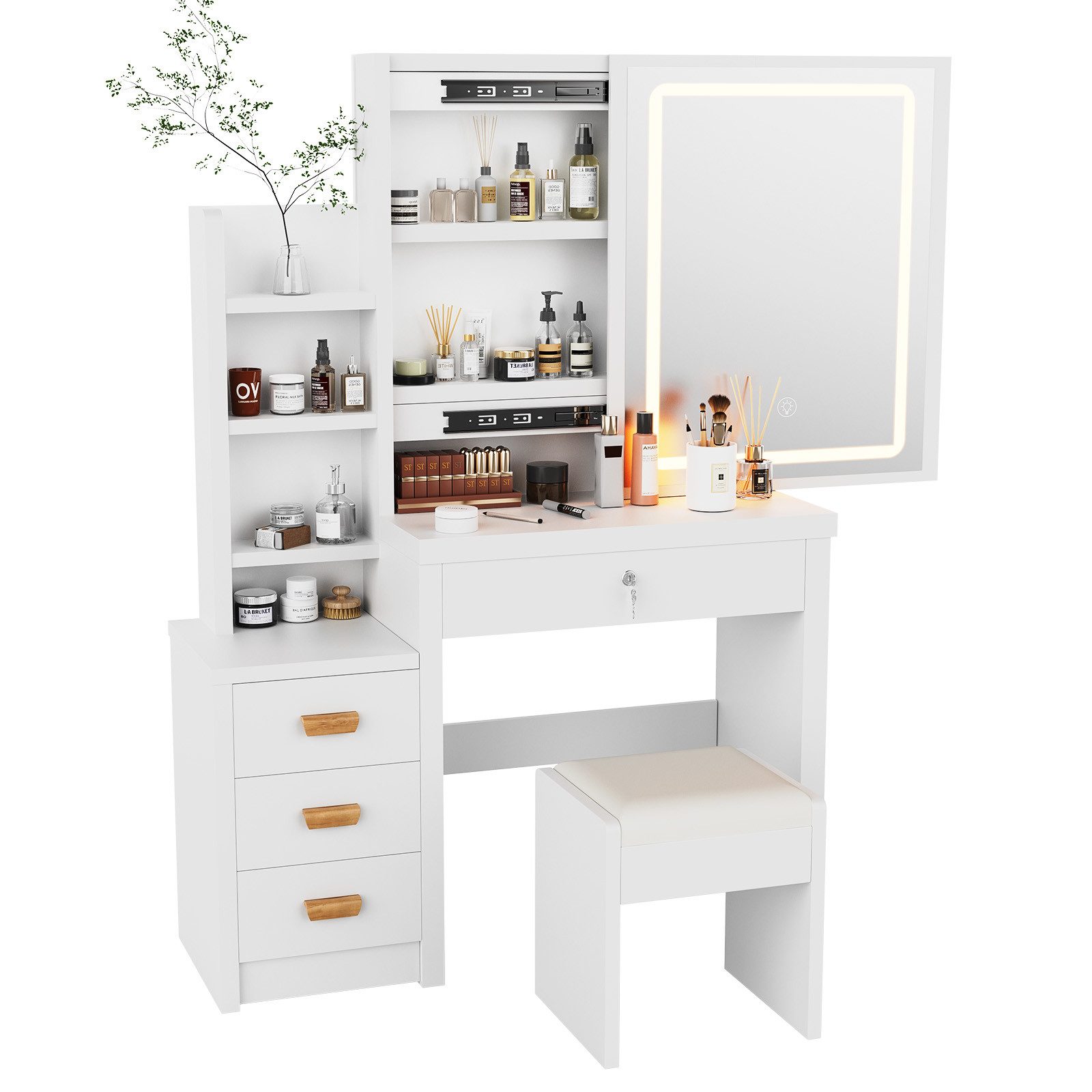 oyajia Schminktisch LED-Beleuchtung,mit Spiegel Hocker und 4 Schubladen Kos günstig online kaufen