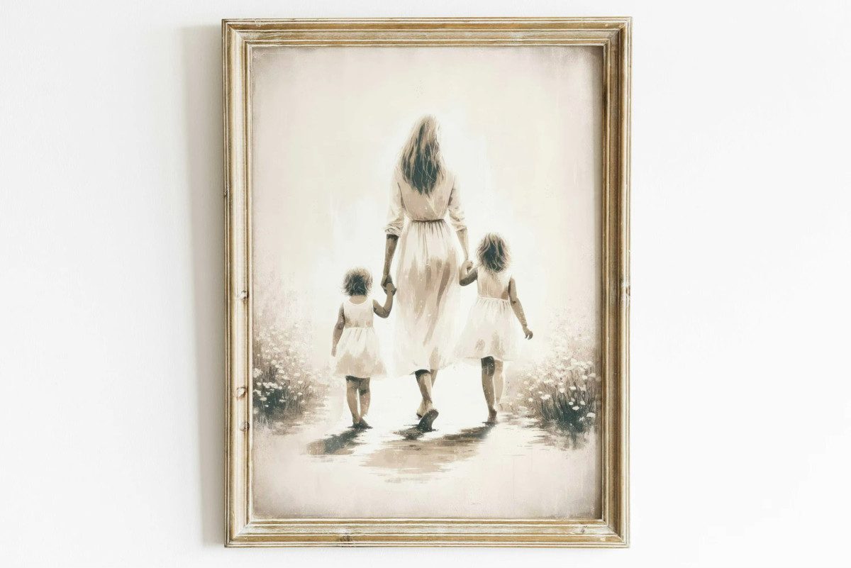TPFLiving Kunstdruck (OHNE RAHMEN) Poster - Leinwand - Wandbild, Mutter und Kind Wandkunst Home Decor Leinwand Malerei (Leinwandbild XXL), Farben: Braun, Grau, Schwarz, Weiß, Blau, Gelb -Größe: 20x30cm