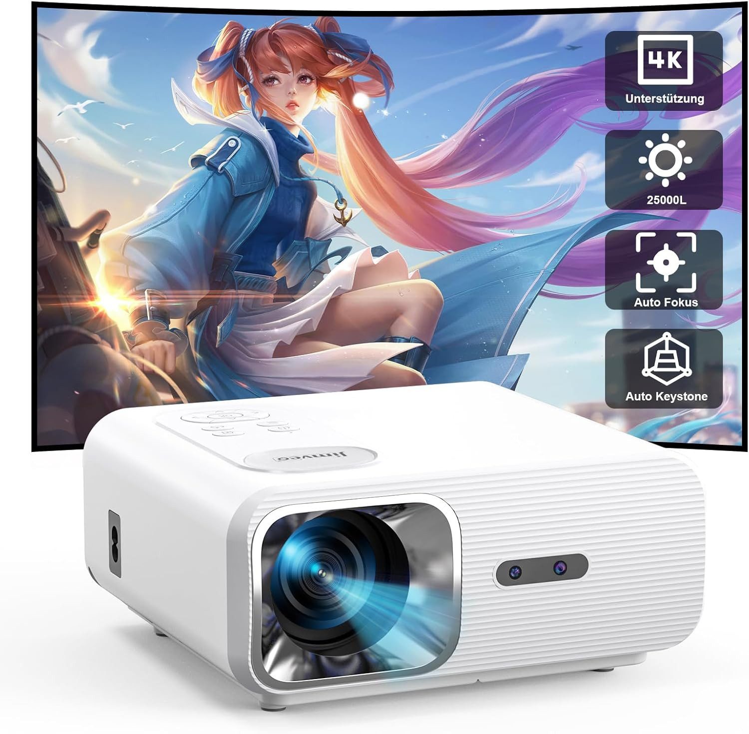 Beamer 4K KI Auto Fokus Auto 4D Trapezkorrektur Jimveo 23000L Full HD Portabler Projektor