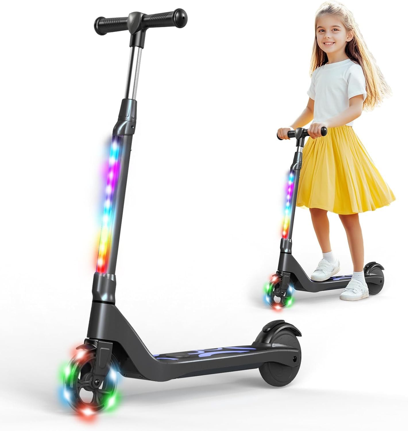 SISIGAD Elektro-Kinderroller E-Scooter Kinder 6-10 Jahre, max. 10 km/h, höhenverstellbarer Lenker, Cityroller für Kinder mit bunten LED-Lichtern, Belastung bis 70kg