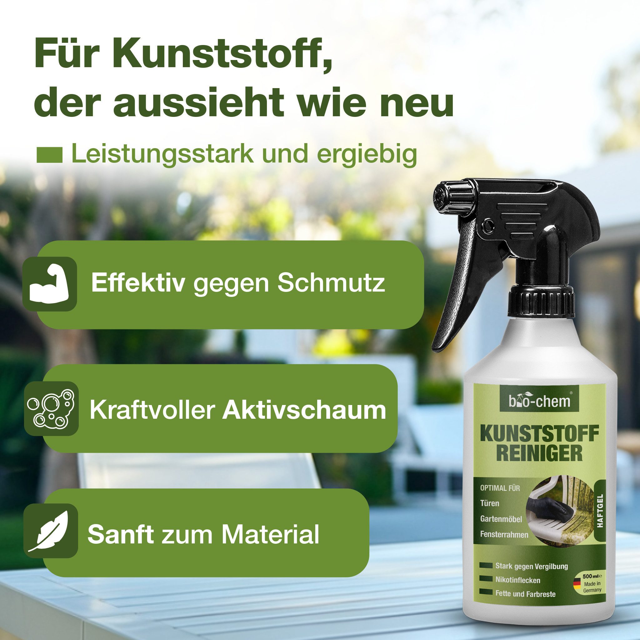 bio-chem bio-chem Kunststoffreiniger – gegen Vergilbungen & Nikotin Kunststoffreiniger (Sparpaket, [- Kunststoffreiniger 3x 0,5 l Handsprayflasche + Mikrofasertuch Haftet gut – viskose, gelartige Konsistenz)