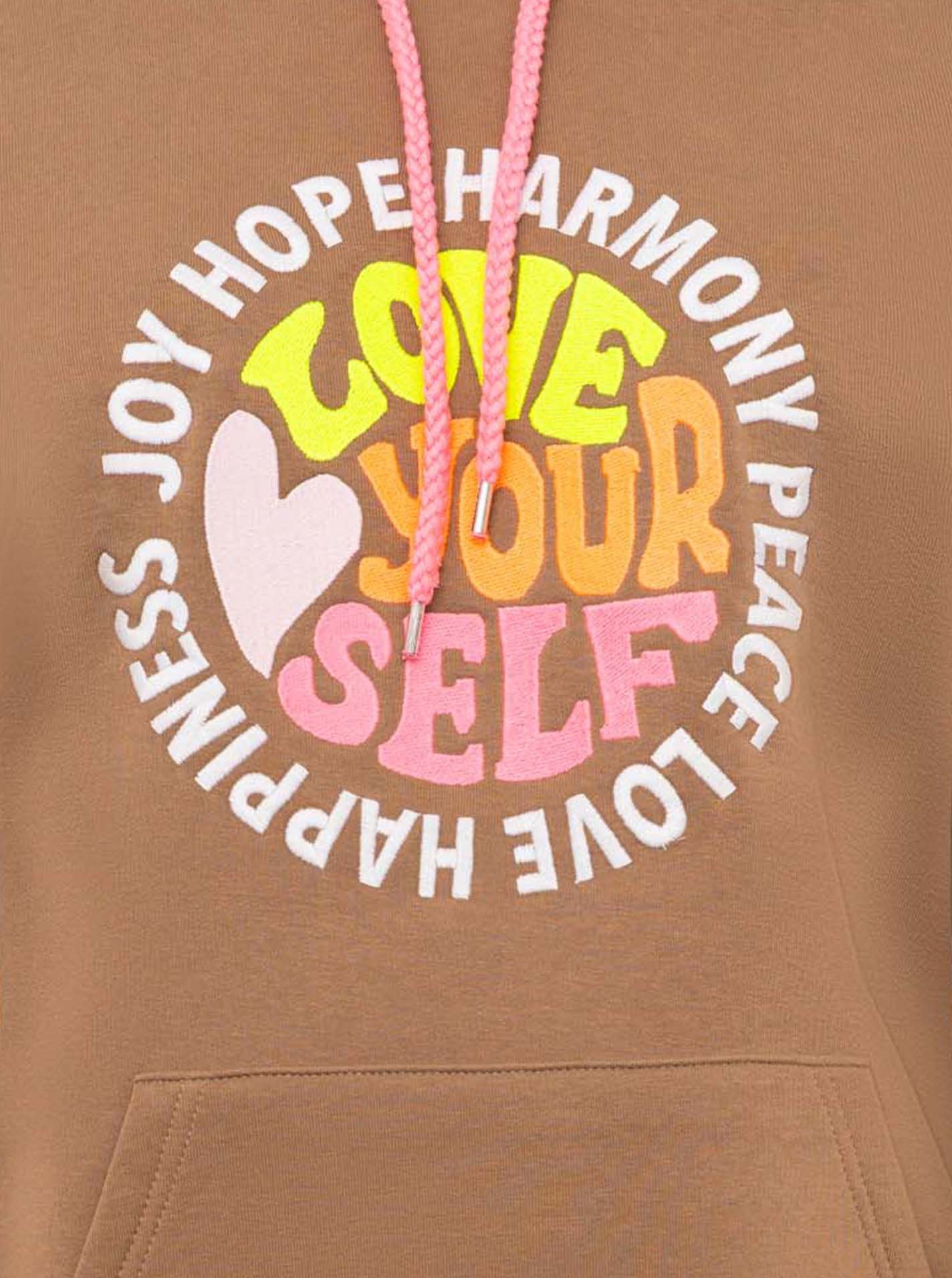 Zwillingsherz Hoodie "Love Yourslef" runde große Frontstickerei, farbige Kordel, Kängurutasche – Bild 5 von 5