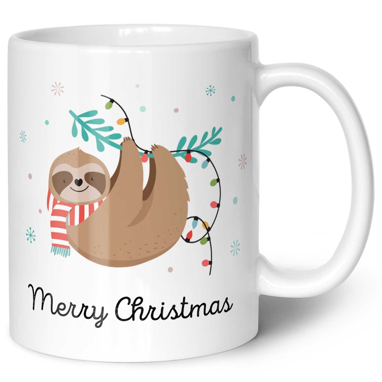 GRAVURZEILE Tasse mit Weihnachtsmotiv - Geschenke für Frauen & Männer zu Weihnachten, Spülmaschinenfest - Merry Christmas Faultier - Weiß | Teetassen