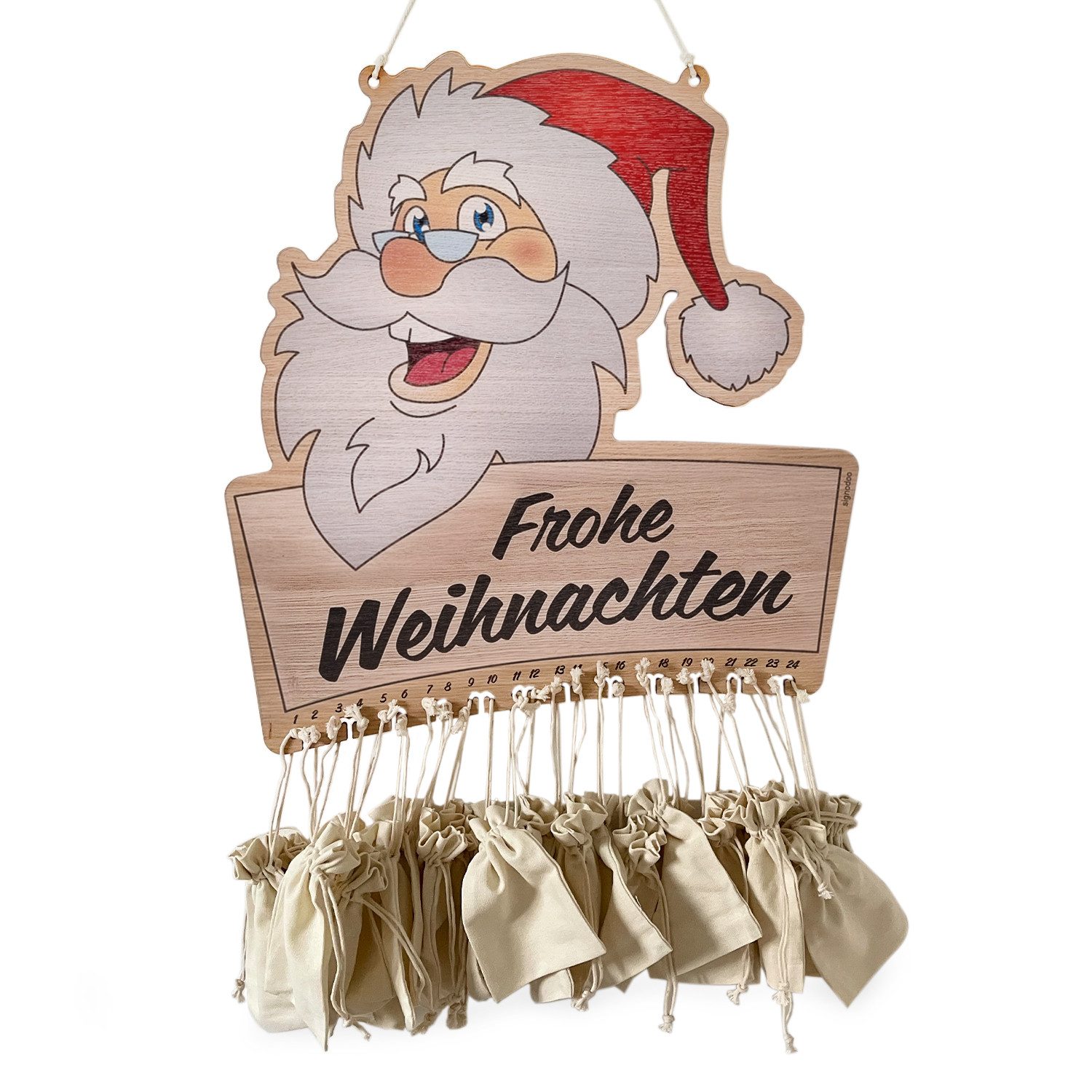 wolk befüllbarer Adventskalender aus Holz zum Befüllen (inklusive 24 Geschenksäckchen) (Weihnachtsmann Set), Qualität made in Germany
