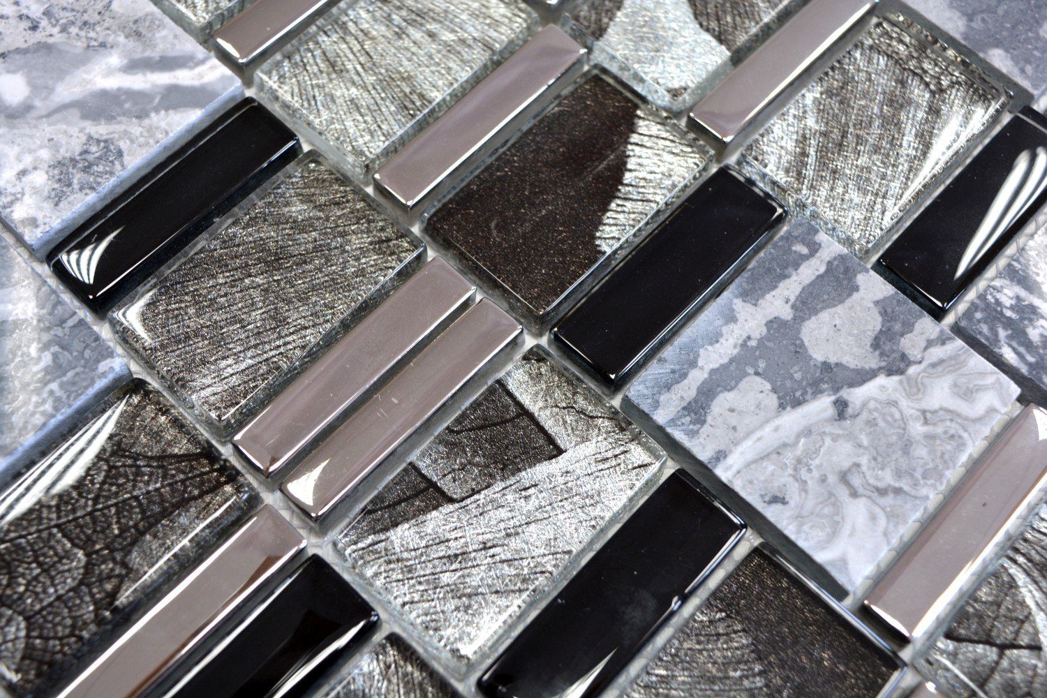Mosani Mosaikfliesen 10 Naturstein glänzend Glasmosaik / schwarz grau Mosaik Matten