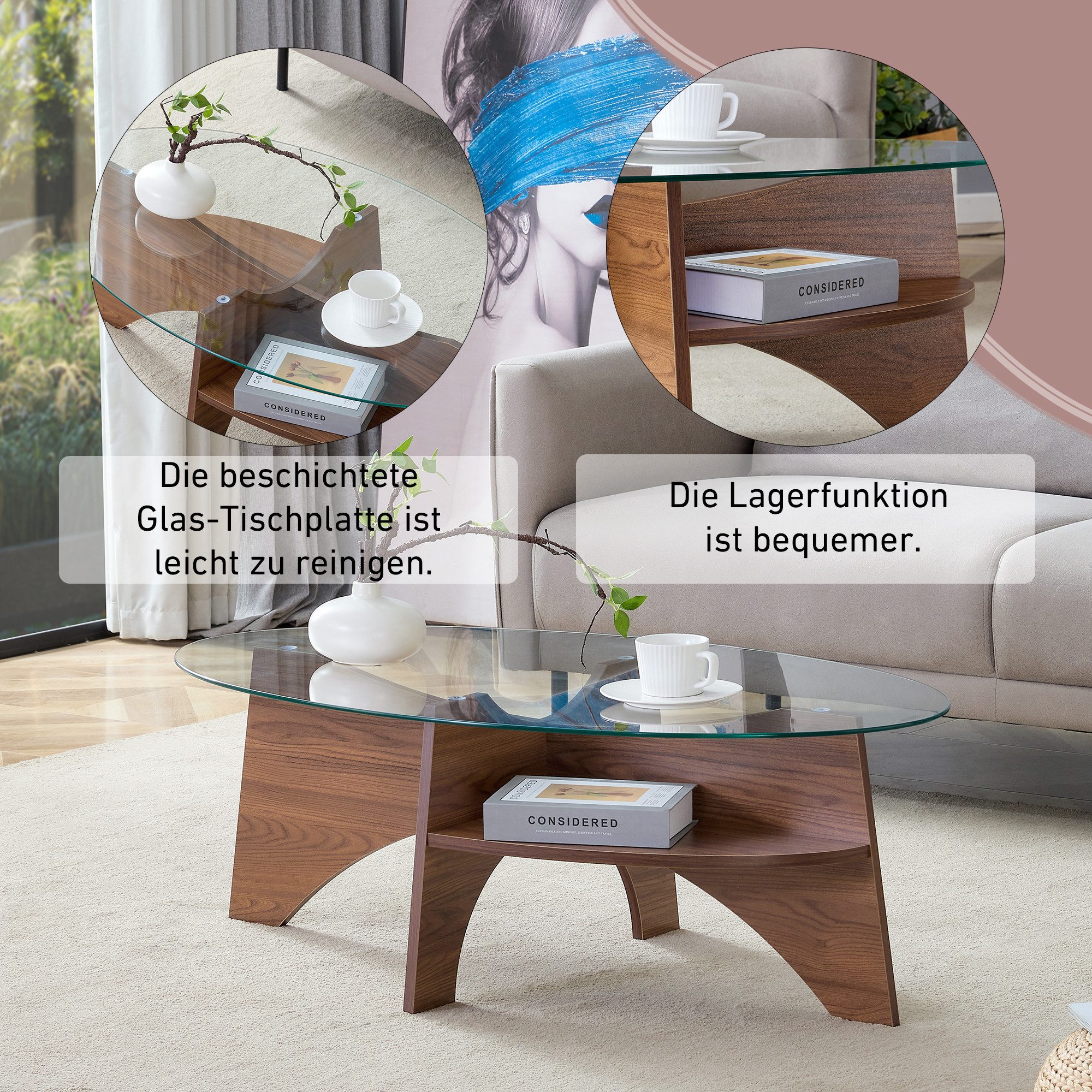 Odikalo Couchtisch Beistelltisch Kaffeetisch couchtisch rund (Ovaler Kaffee-Tisch aus Sicherheitsglas – 104,9 x 60 cm, Tischgestell mit nussbaumfarbenen, diagon – Bild 5 von 5