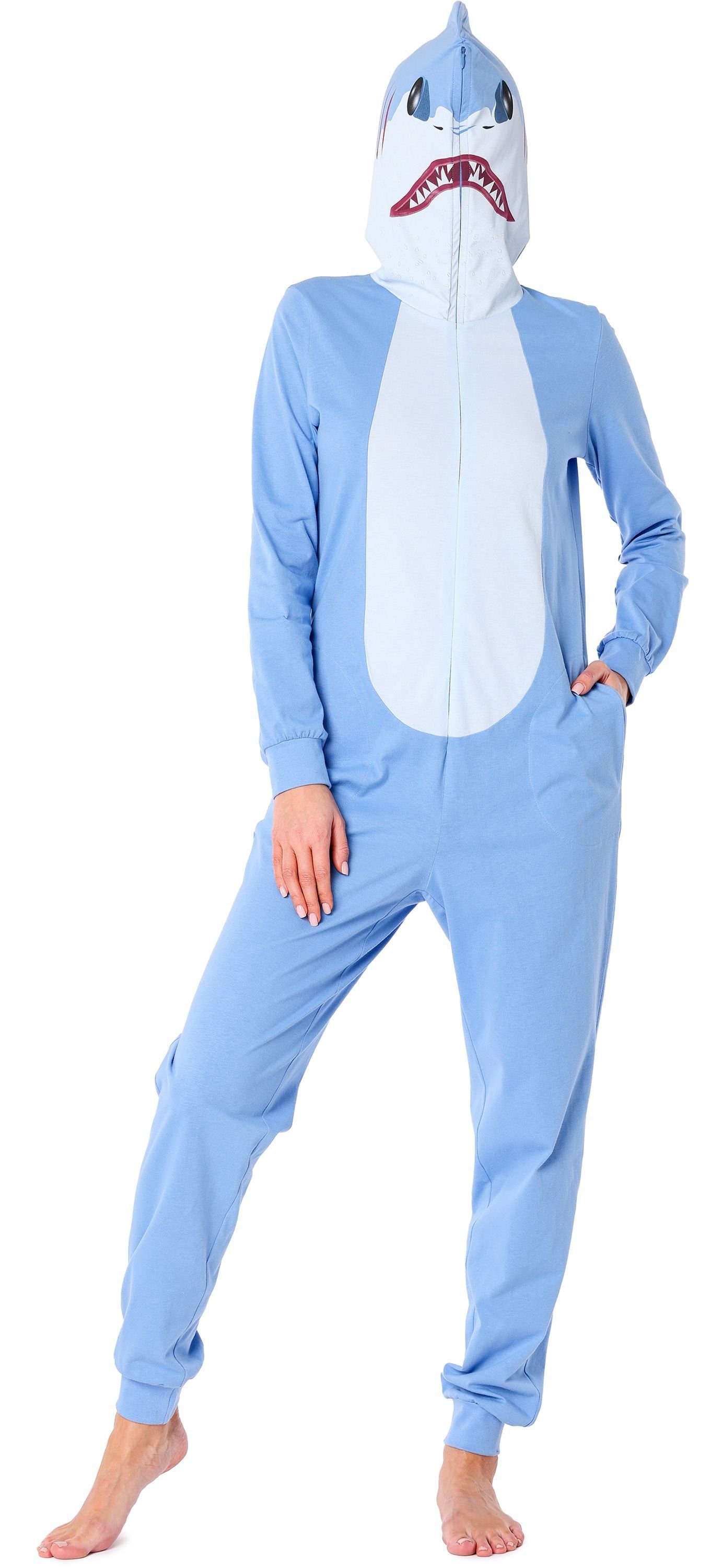 Ladeheid Schlafanzug Damen Schlafoverall aus Baumwolle Jumpsuit mit Kapuze LA40-234 ohne Blau Hai