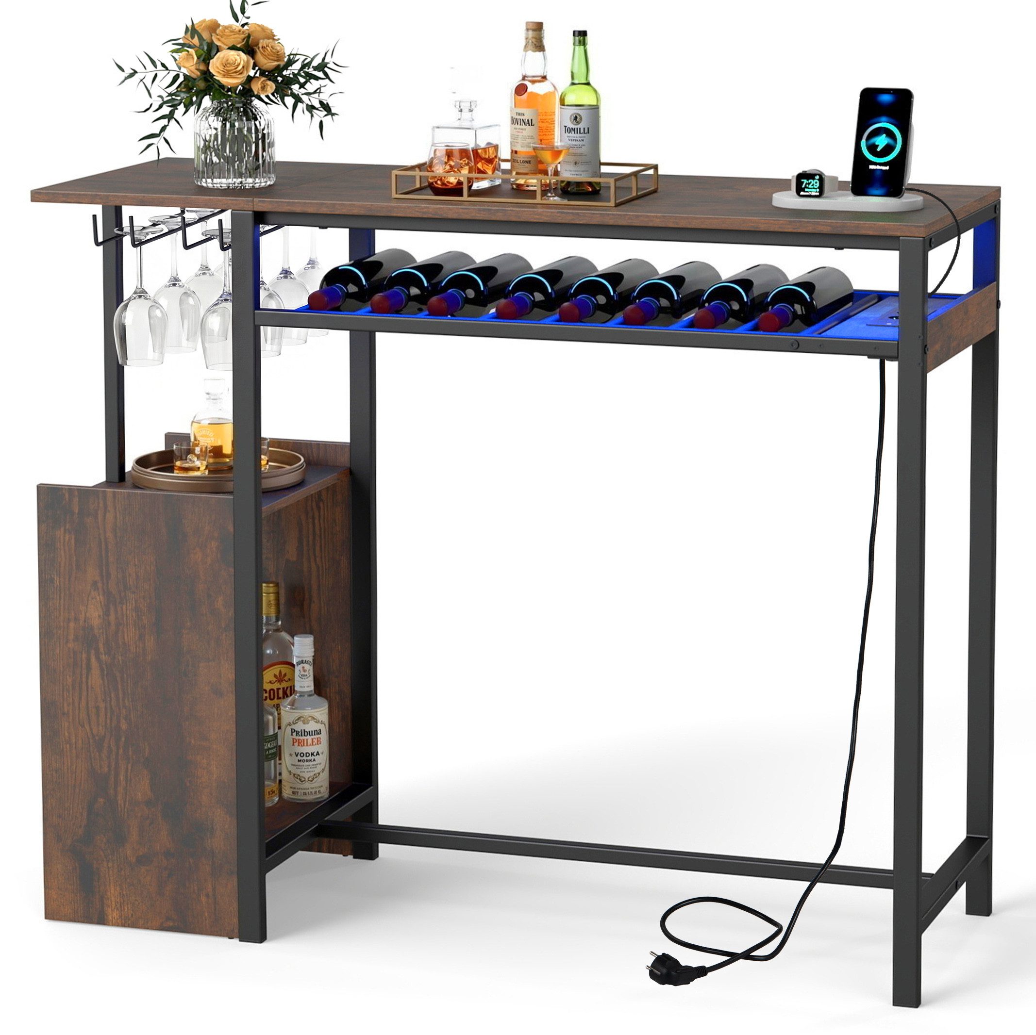 COSTWAY Bartisch Küche mit LED, Ladestation, Weirregal, Esstisch Holz
