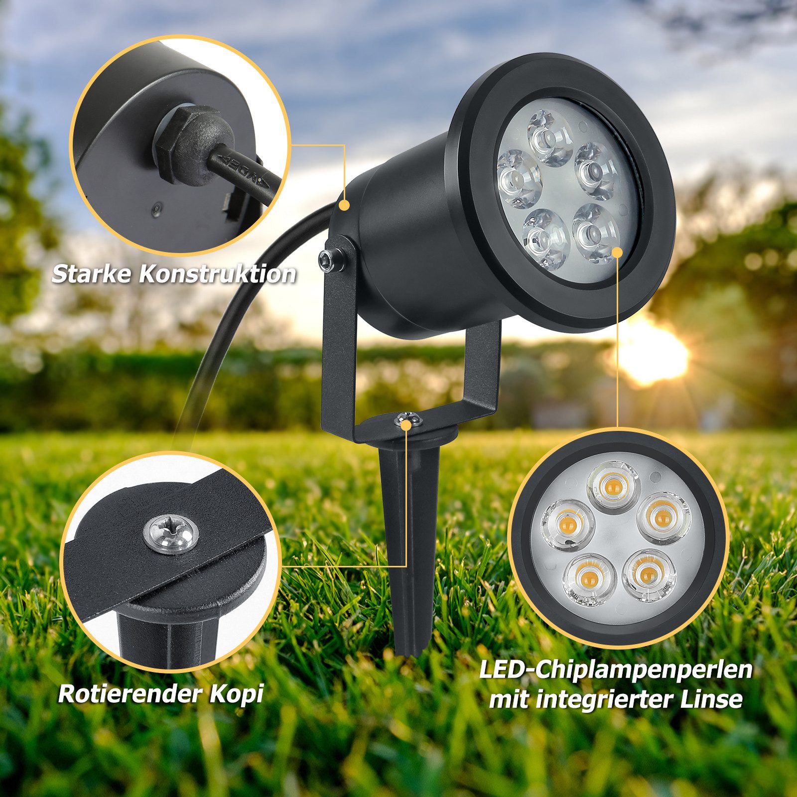 FIVMEN LED Gartenstrahler Gartenleuchte mit Erdspieß Warmweiß Gartenlampe, für Außenbereich Garten Teich Landschaft, ohne Schukostecker