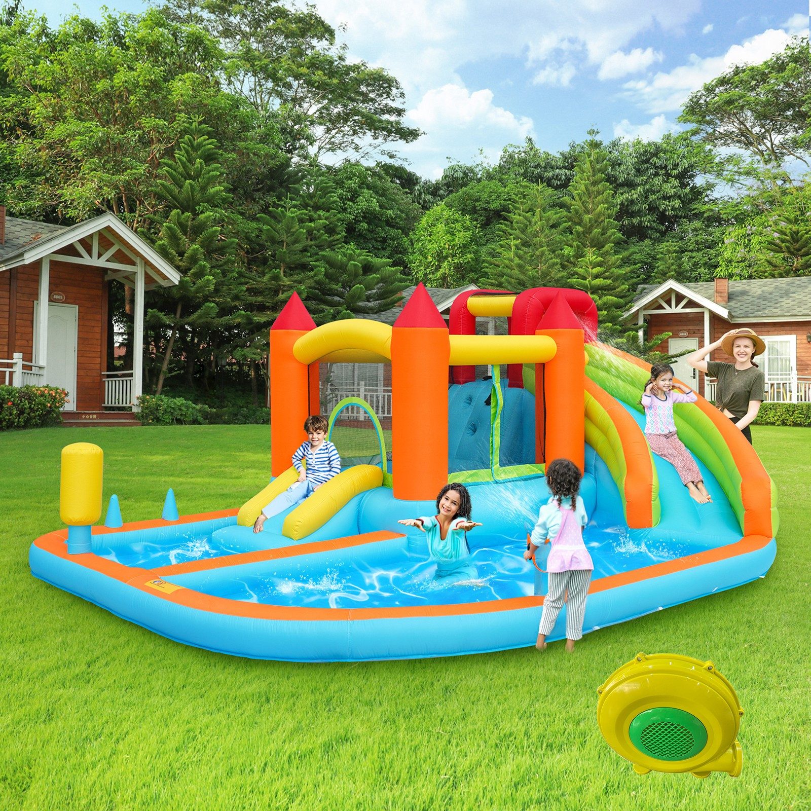 LVHOM Planschbecken Hüpfburg mit Gebläse, Kinderpool mit Rutsche, Garten, 8 in 1, (2xWasserspielbecken, Rutsche, Trampolin, Basketballkorb, Kletterwand, Basketballkorb, Wurfpunktwand, Ringwurfspiel), BUNTER SPIELSPASS FÜR DAS GANZE JAHR