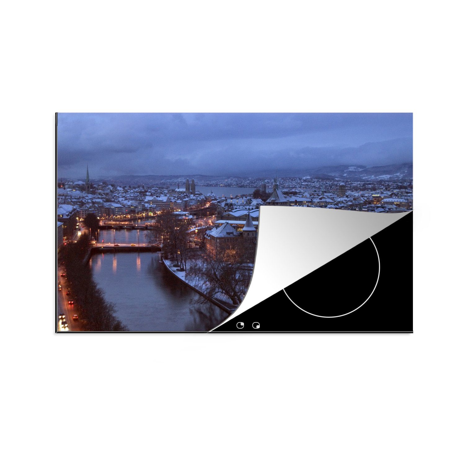 MuchoWow Herdblende-/Abdeckplatte Winter in Zürich bei Nacht, Vinyl, (1 tlg), 81x52 cm, Induktionskochfeld Schutz für die küche, Ceranfeldabdeckung