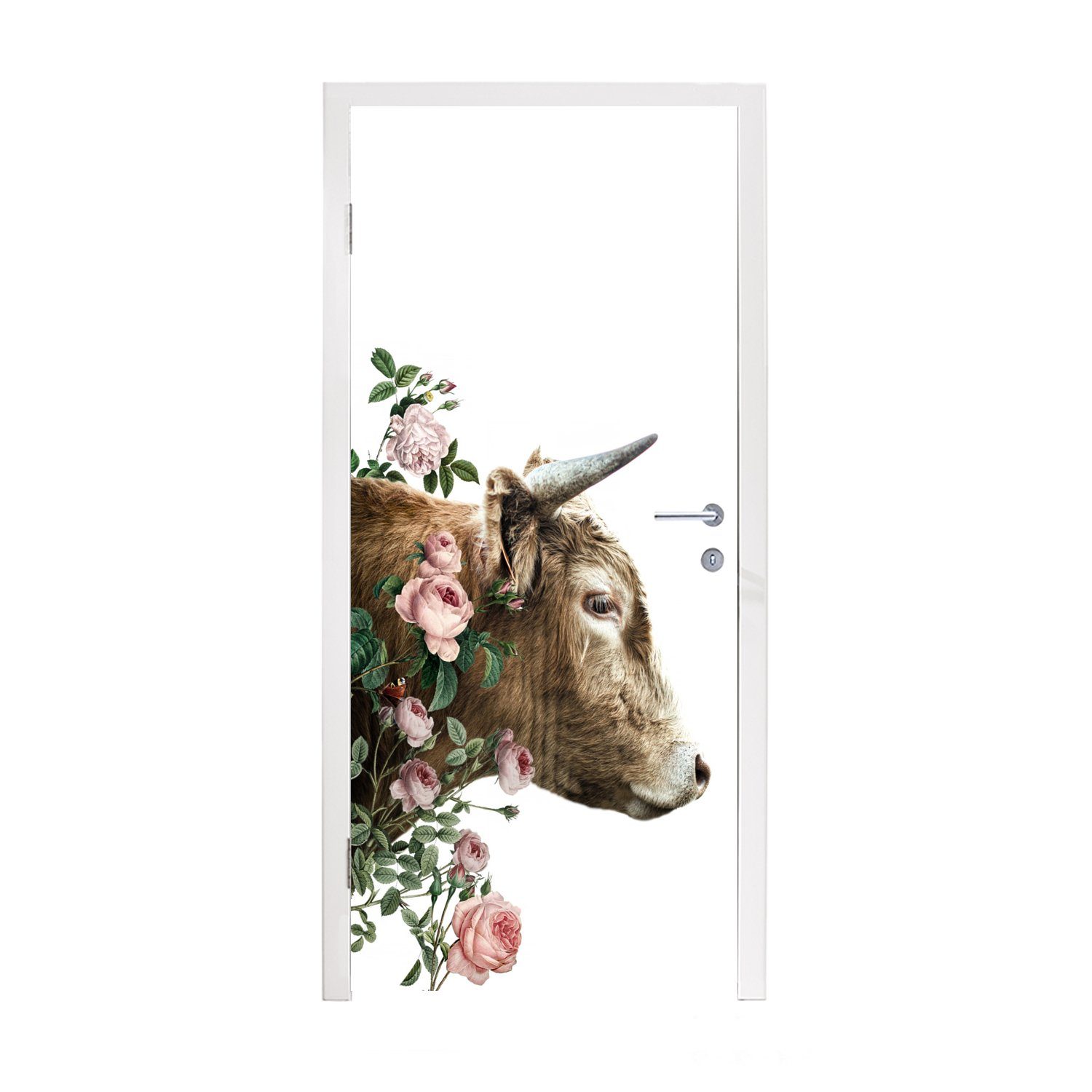 MuchoWow Türtapete Schottischer Highlander - Kuh - Blumen, Matt, bedruckt, (1 St), Fototapete für Tür, Türaufkleber, 75x205 cm