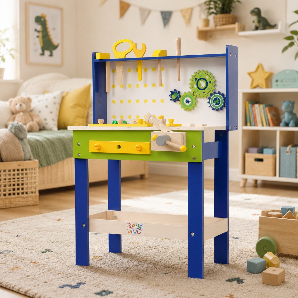 Baby Vivo Spielwerkbank aus Holz - Luigi drehbare Zahnräder 29 Teile Zubehör